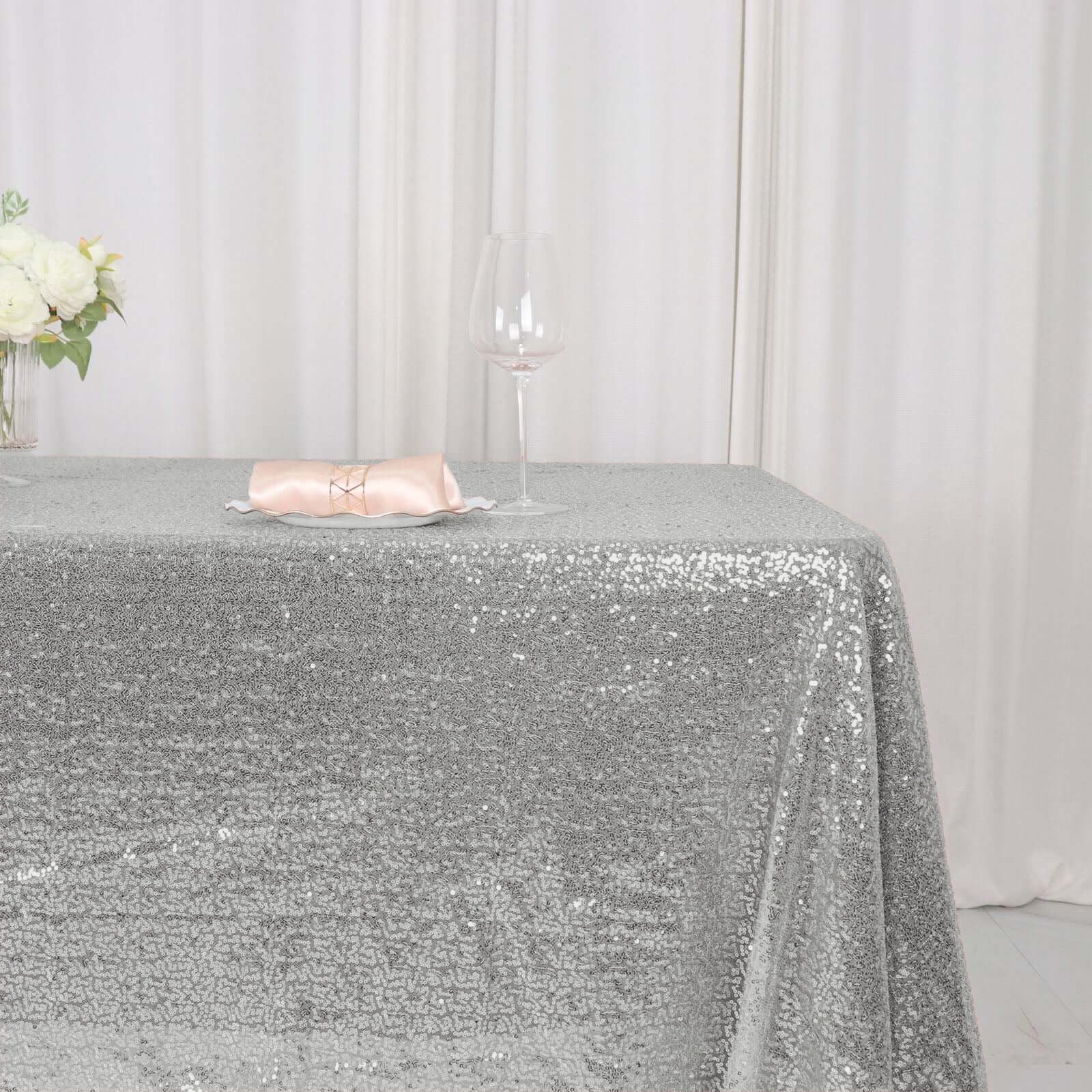 Sequin 60"x126" Rectangle Tablecloth Silver - Glittering Finish Table Cover