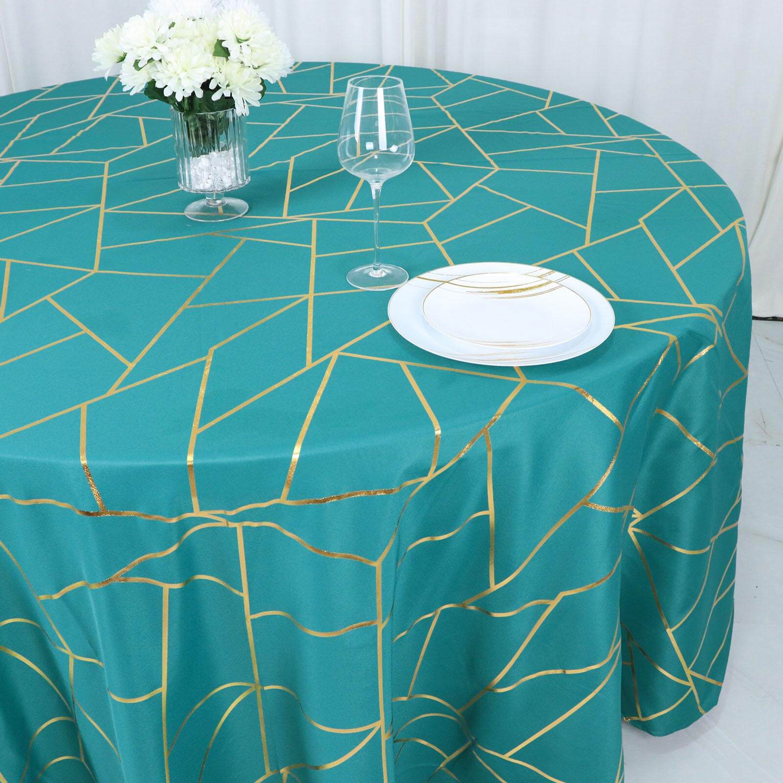 120" Teal Seamless Round Polyester Tablecloth With Gold Foil Geometric Pattern for 5 Foot Table With Floor-Length Drop