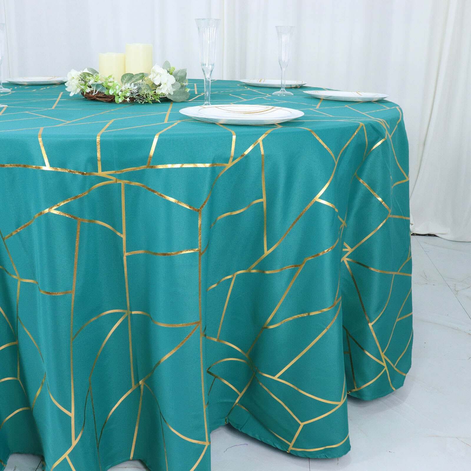 120" Teal Seamless Round Polyester Tablecloth With Gold Foil Geometric Pattern for 5 Foot Table With Floor-Length Drop