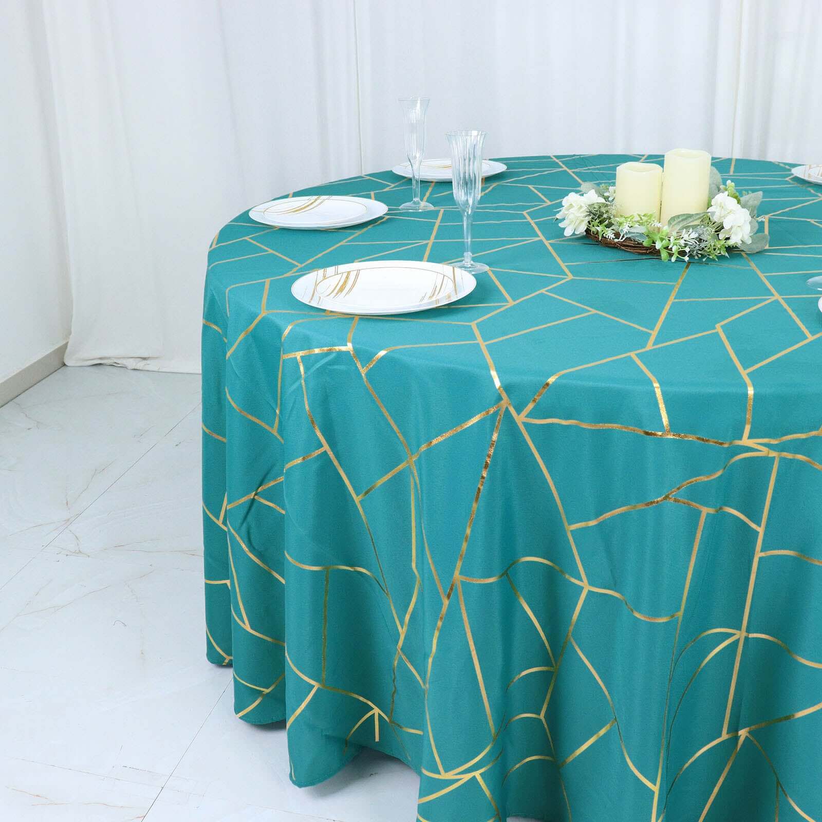 120" Teal Seamless Round Polyester Tablecloth With Gold Foil Geometric Pattern for 5 Foot Table With Floor-Length Drop