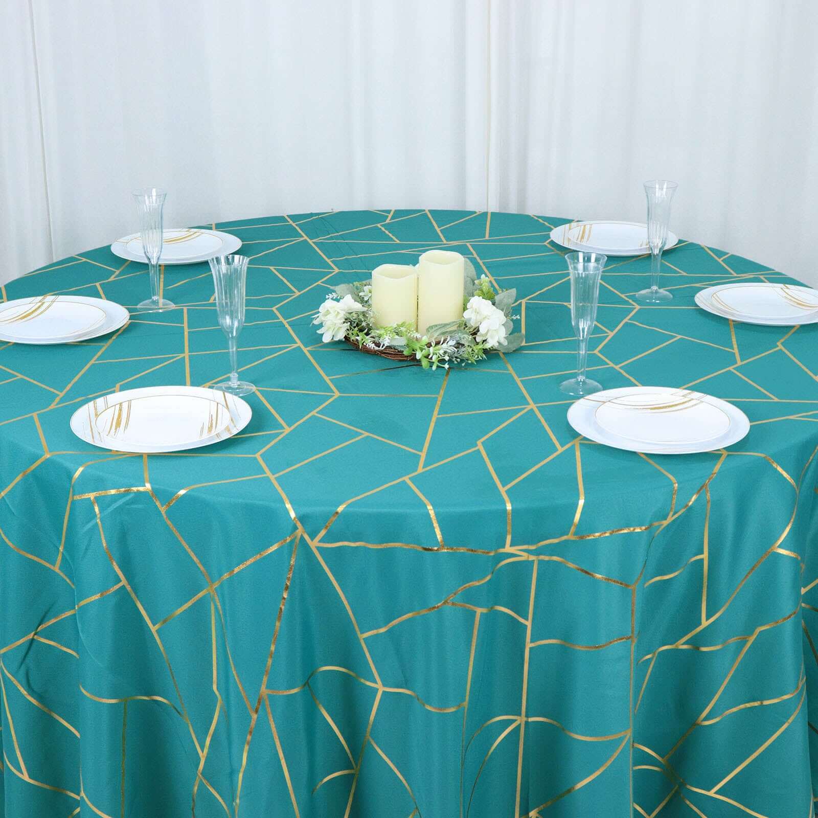 120" Teal Seamless Round Polyester Tablecloth With Gold Foil Geometric Pattern for 5 Foot Table With Floor-Length Drop