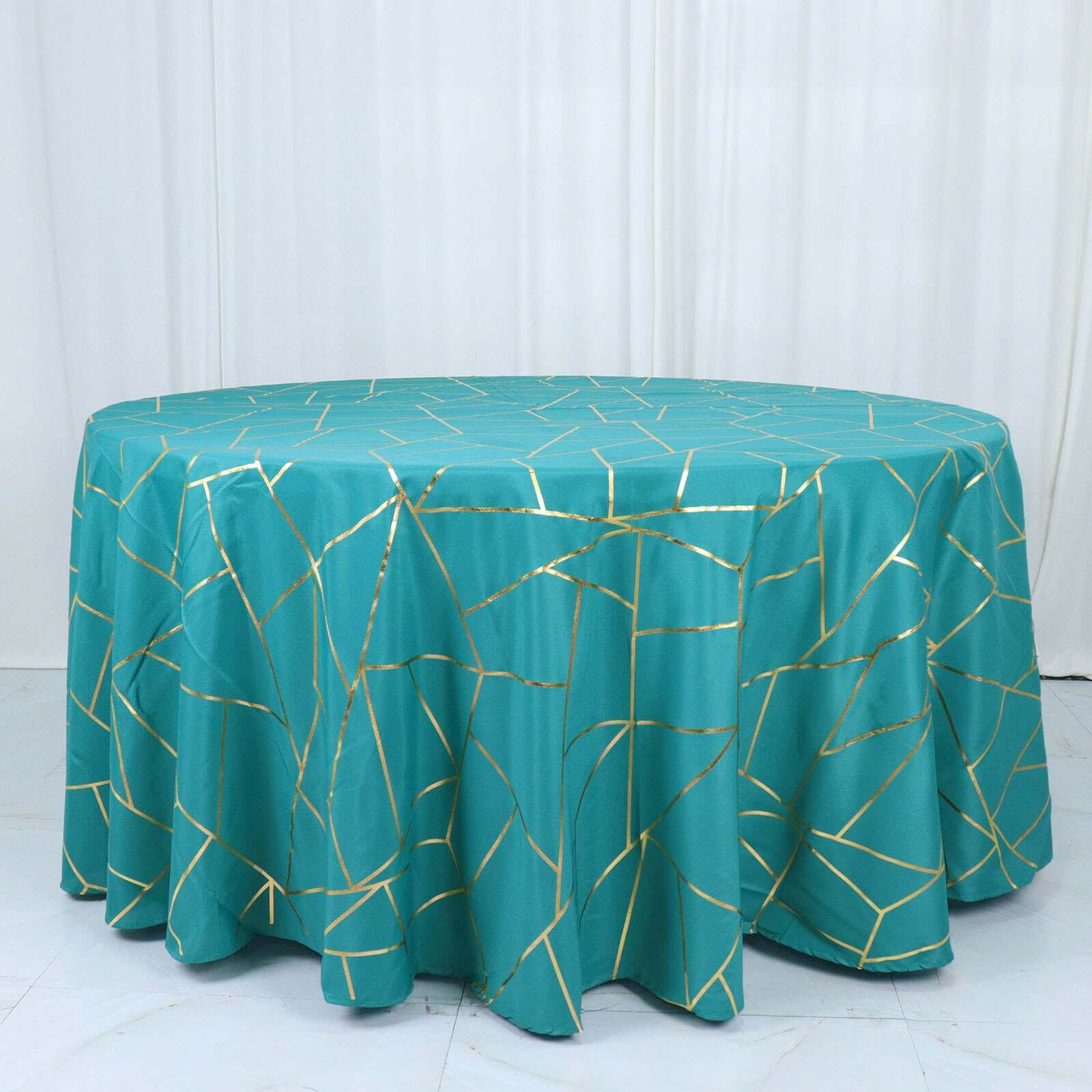 120" Teal Seamless Round Polyester Tablecloth With Gold Foil Geometric Pattern for 5 Foot Table With Floor-Length Drop