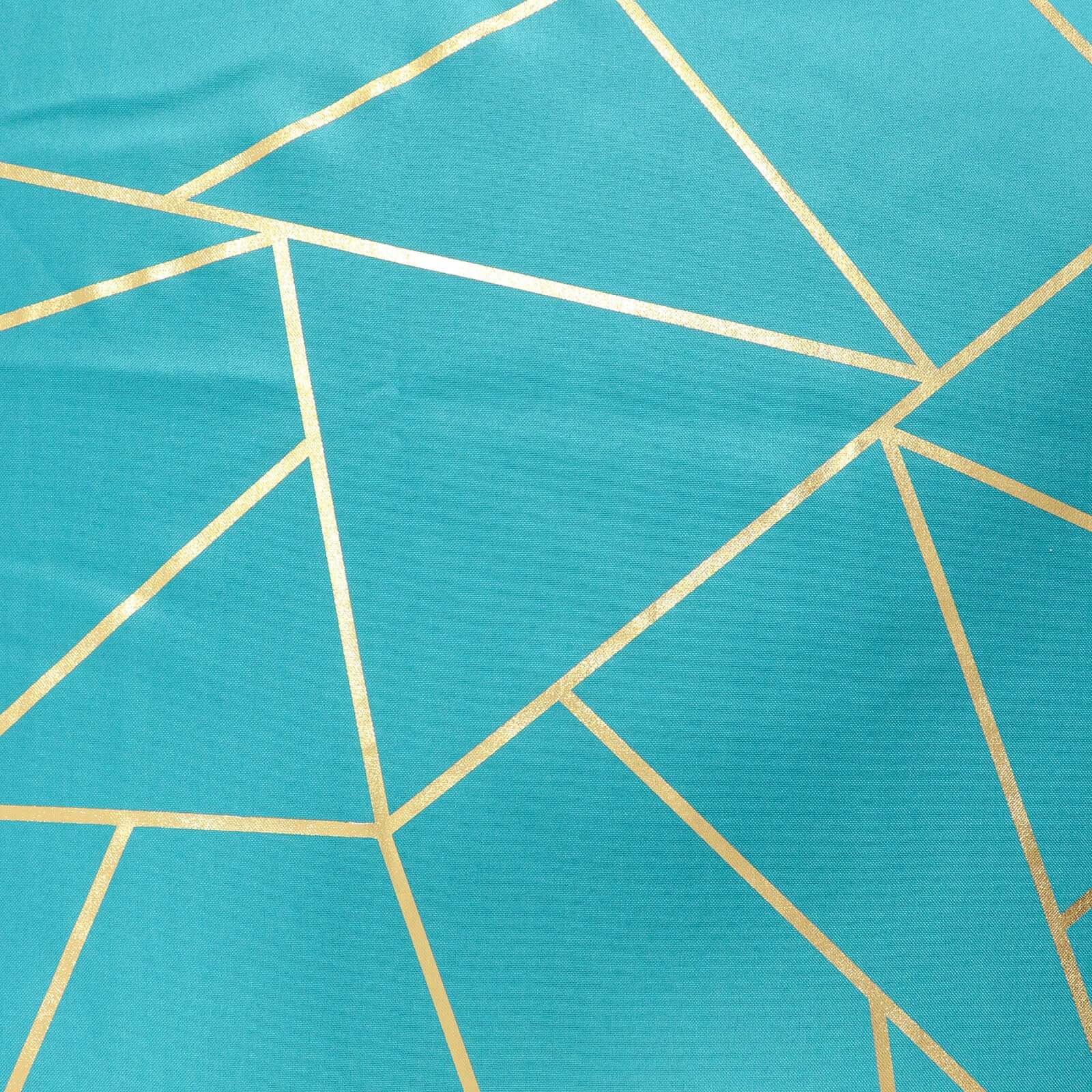 120" Teal Seamless Round Polyester Tablecloth With Gold Foil Geometric Pattern for 5 Foot Table With Floor-Length Drop