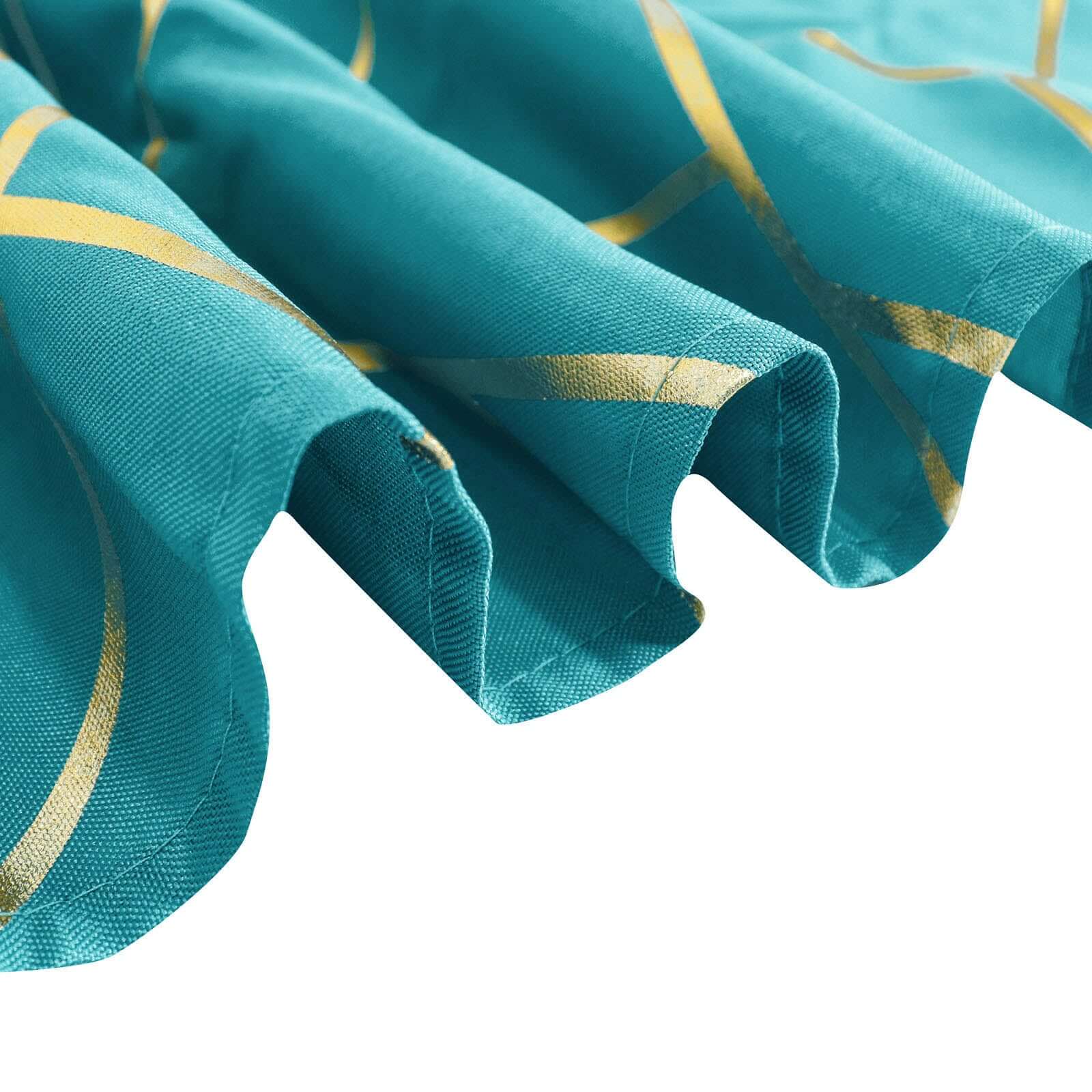 120" Teal Seamless Round Polyester Tablecloth With Gold Foil Geometric Pattern for 5 Foot Table With Floor-Length Drop