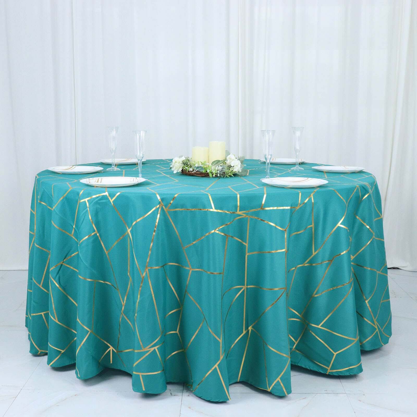 120" Teal Seamless Round Polyester Tablecloth With Gold Foil Geometric Pattern for 5 Foot Table With Floor-Length Drop