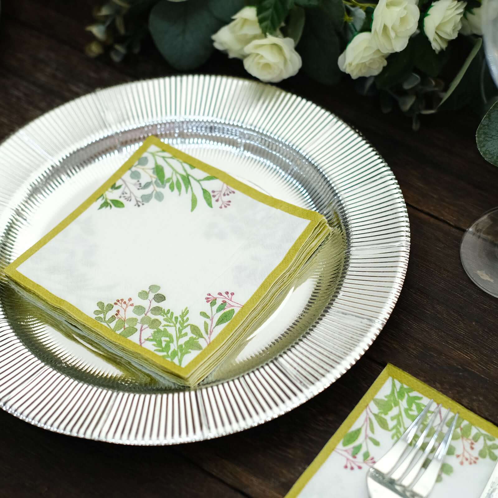 24-Pack Paper Dinner Napkins with Eucalyptus Design White Tropical Greenery 2 Ply - Soft 18GSM Wedding Cocktail Napkins 5"