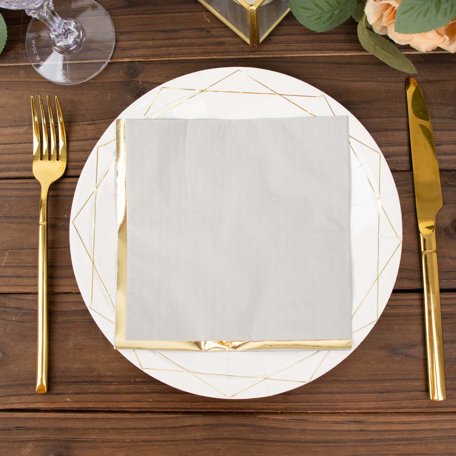 50-Pack Paper Beverage Napkins with Gold Foil Edge Gray - Disposable 2 Ply Cocktail Napkins for Events 6.5"x6.5"
