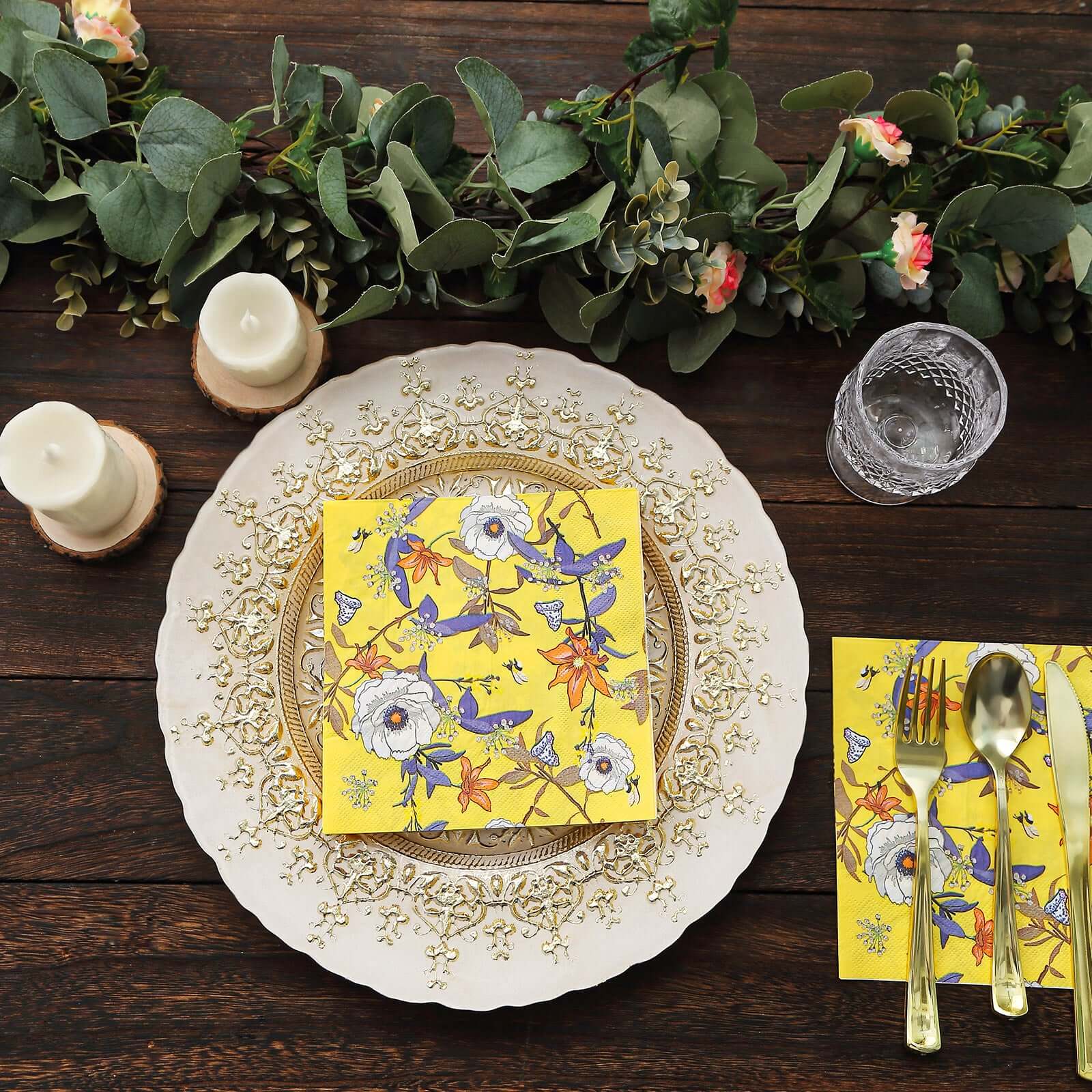 50-Pack Paper Beverage Napkins with Blooming Flowers Design Yellow - 2 Ply Soft 18GSM Floral Wedding Napkins 6.5"x6.5"
