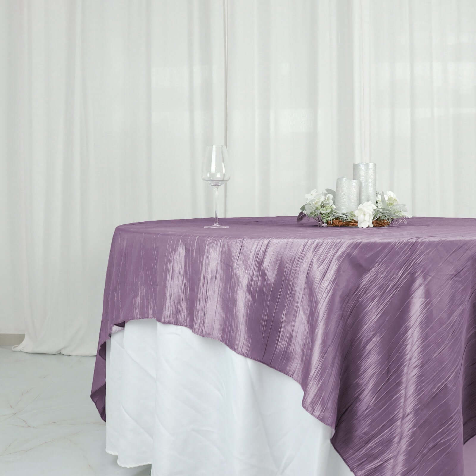 Taffeta 90"x90" Table Overlay Square Tablecloth Violet Amethyst - Accordion Crinkle Table Cover
