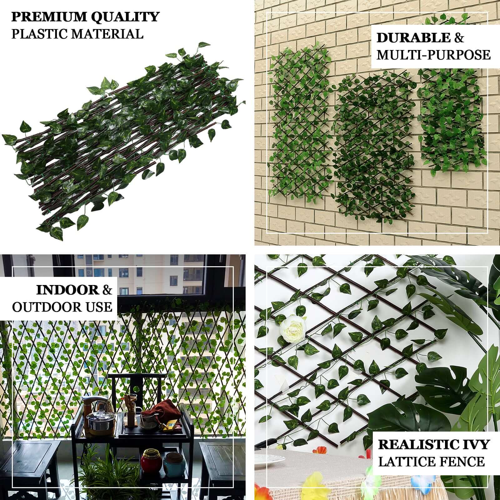 17"x95" Expandable Wooden Lattice Fence With Artificial Ivy Leaf Trellis Vines, Accordion Backdrop Fencing