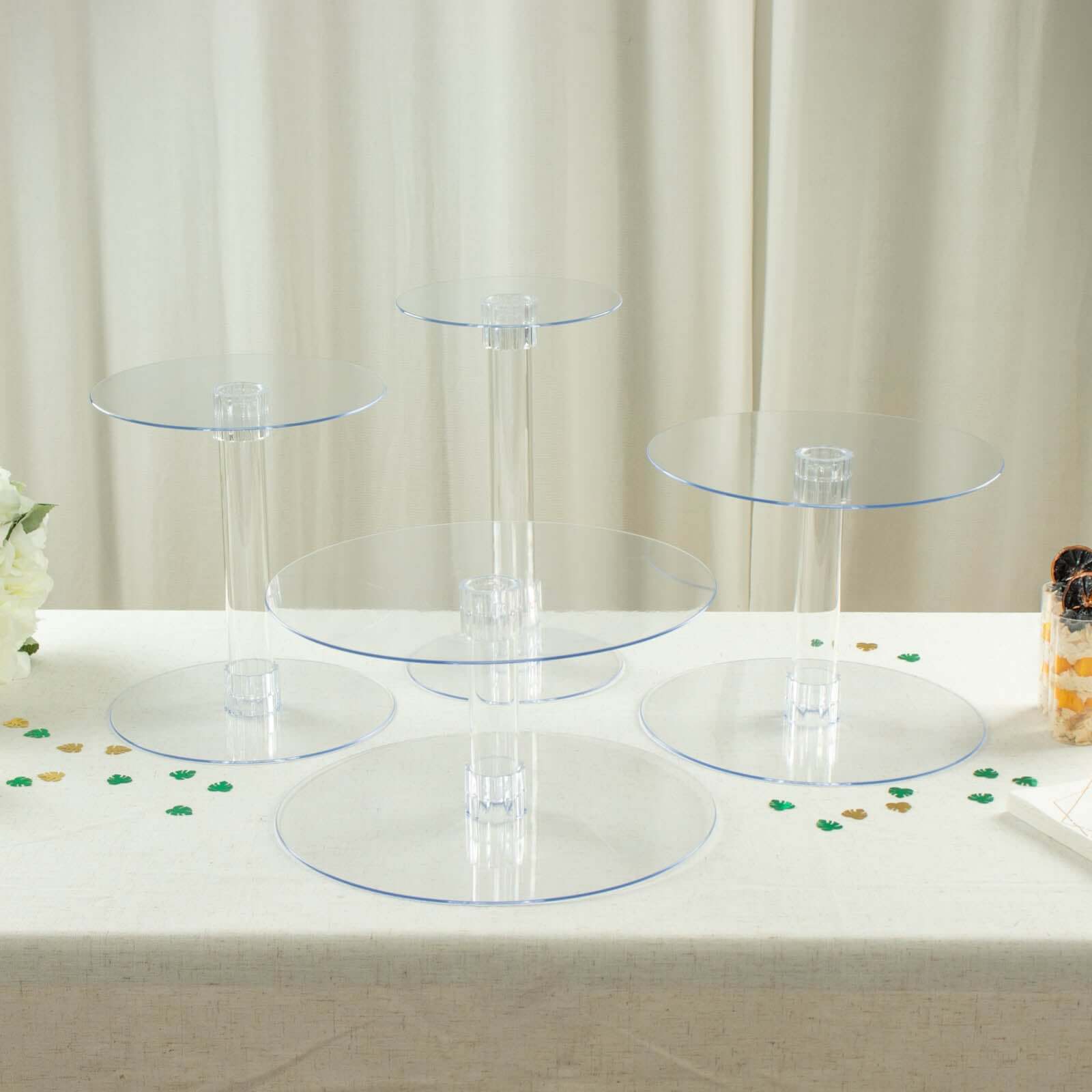 4-Tier Acrylic XL Cake Stand Set Clear - Sturdy & Lightweight Cupcake Holder Dessert Pedestal Centerpiece Risers in Assorted Sizes for Modern Minimalist Buffet Party Tables
