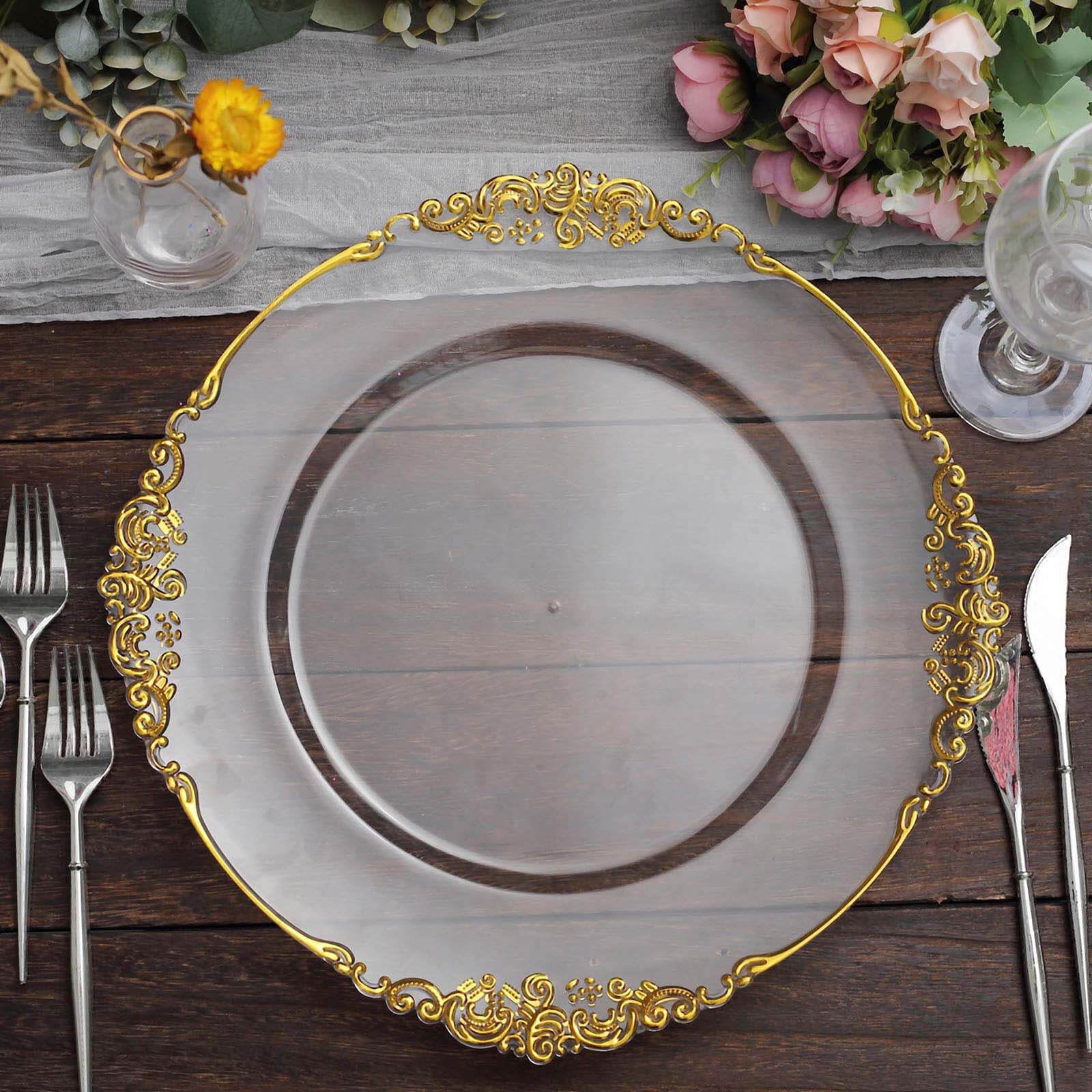 6-Pack Acrylic Round Charger Plates 13" in Clear with Gold Embossed Baroque Rim, Antique Decorative Dinner Party Charger Tableware