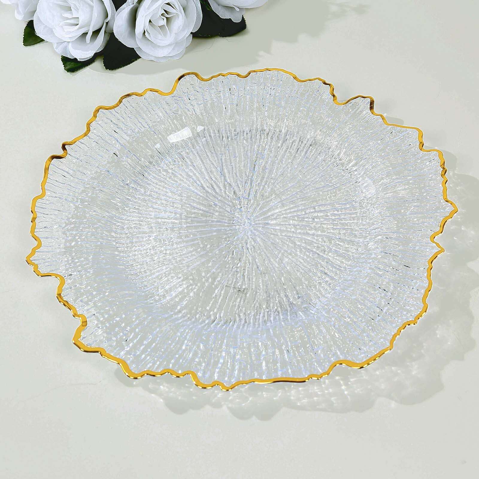 6-Pack Plastic Round Charger Plates 12" in Clear Reef Design with Gold Rim, Decorative Dinner Party Serving Plates