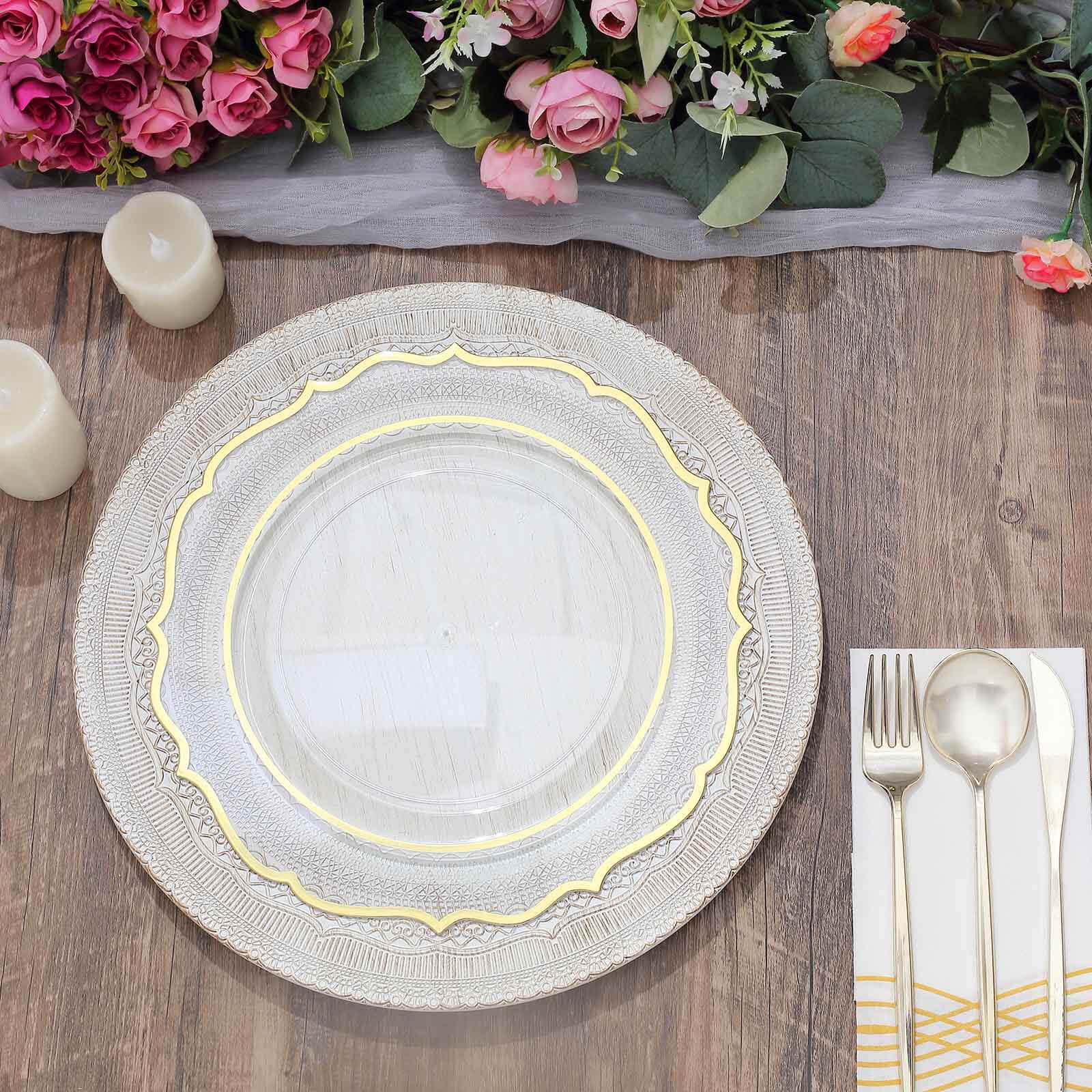 6-Pack Acrylic Round Charger Plates 13" in White with Lace Embossed Rim, Rustic Plastic Decorative Charger Tableware
