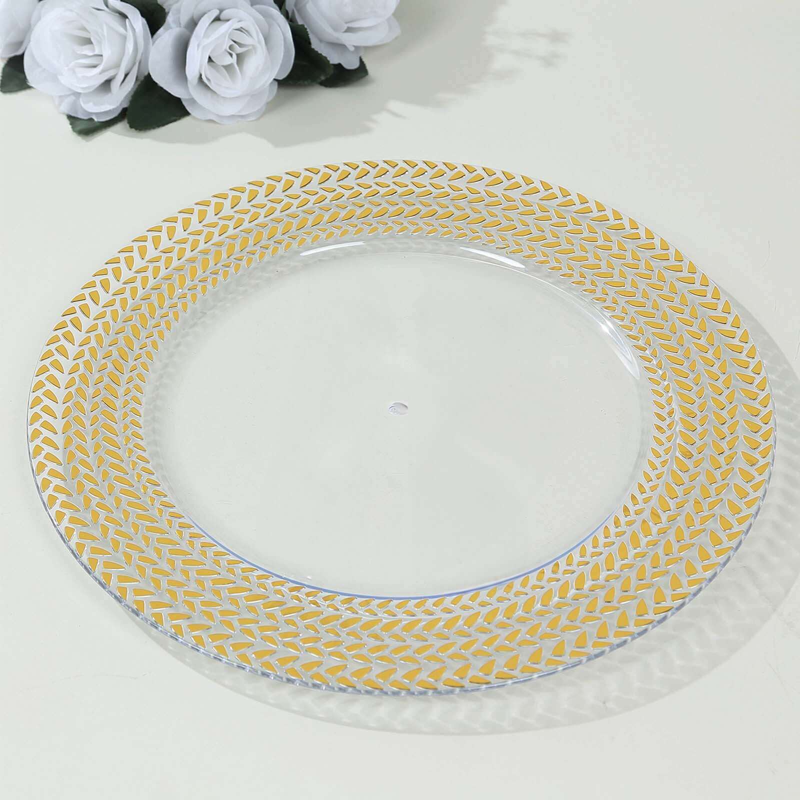 6-Pack Acrylic Round Charger Plates 13" in Clear with Gold Wheat Pattern Rim, Stylish Dinner Party Charger Tableware