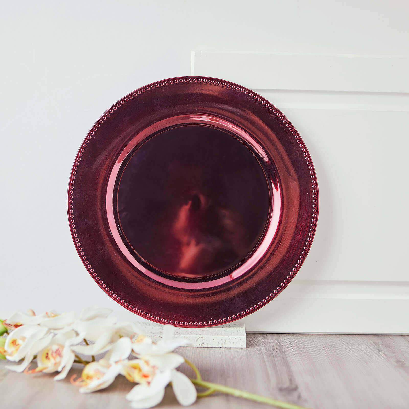 6-Pack Acrylic Round Charger Plates 13" in Burgundy with Beaded Rim, Dinner Charger Event Tabletop Decor