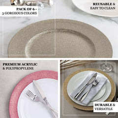 6-Pack Acrylic Plastic Round Charger Plates 13" in Gold with Dust Free Glitter Finish, Decorative Dinner Party Charger Tableware