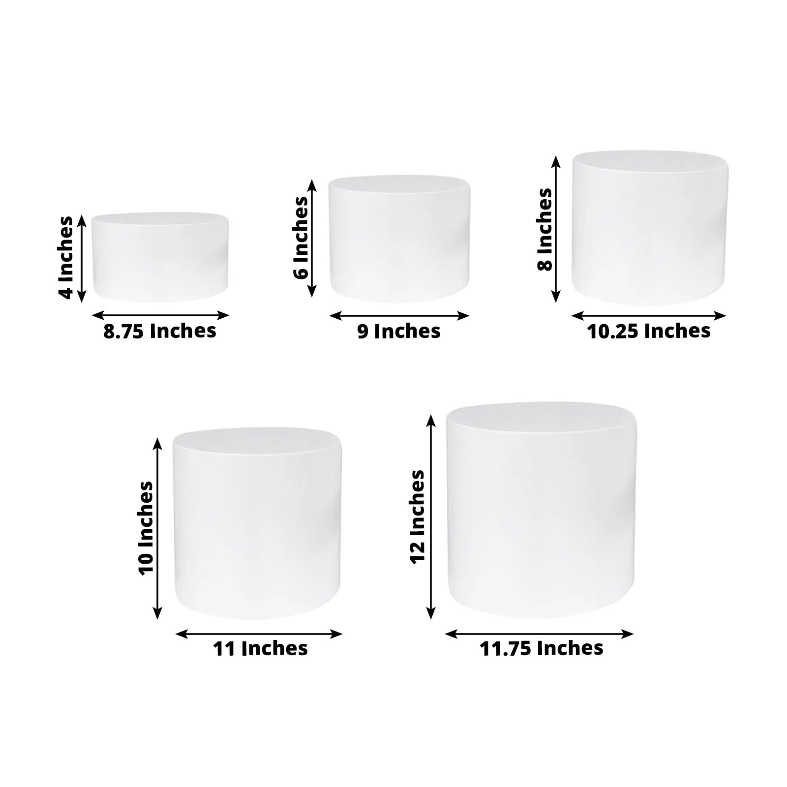 Set of 5 Acrylic Cake Stands Cylinder Design Round White - Display Risers for Events 4", 6", 8", 10", 12"