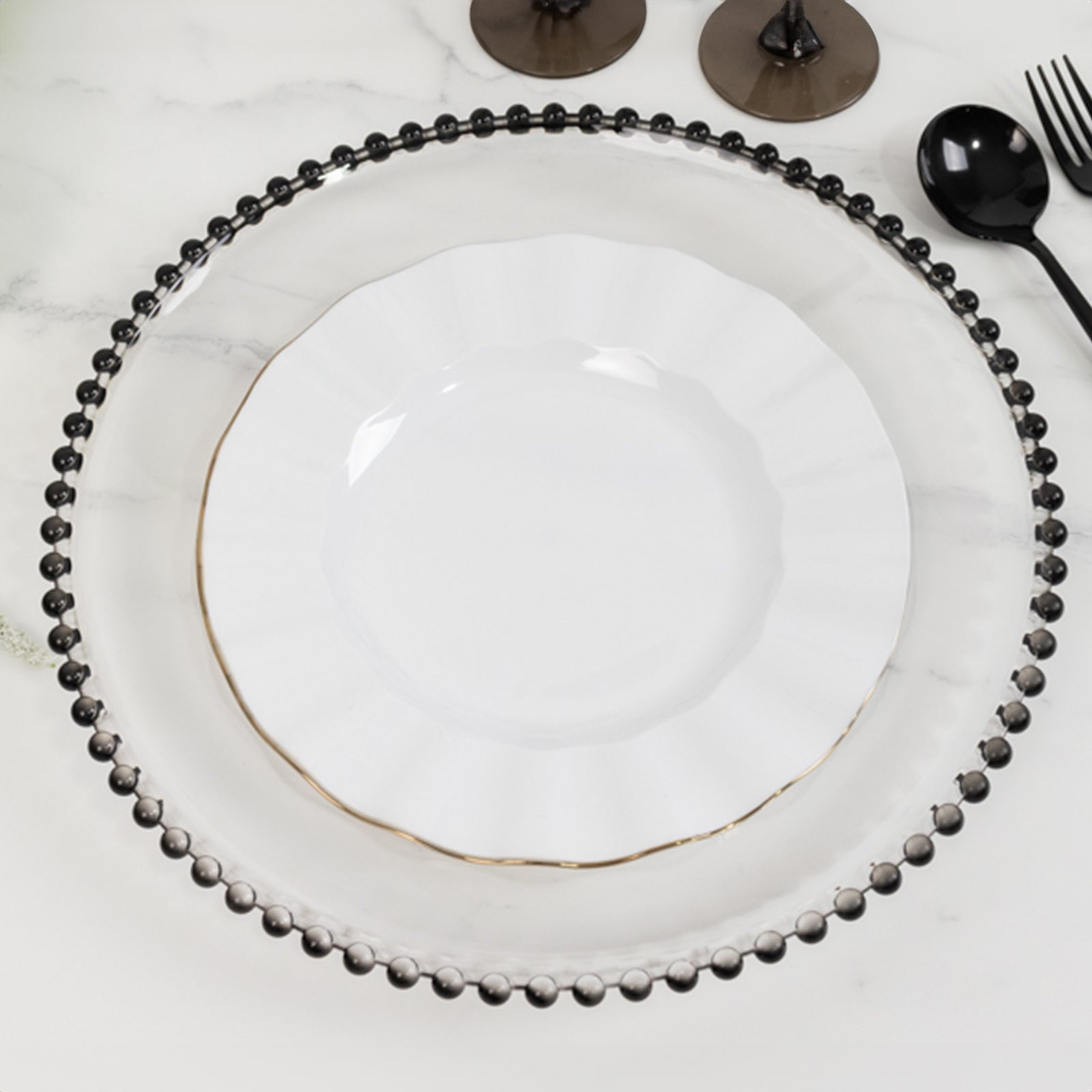 6-Pack Acrylic Round Charger Plates 13" in Clear with Black Beaded Rim, Decorative Dinner Party Charger Tableware