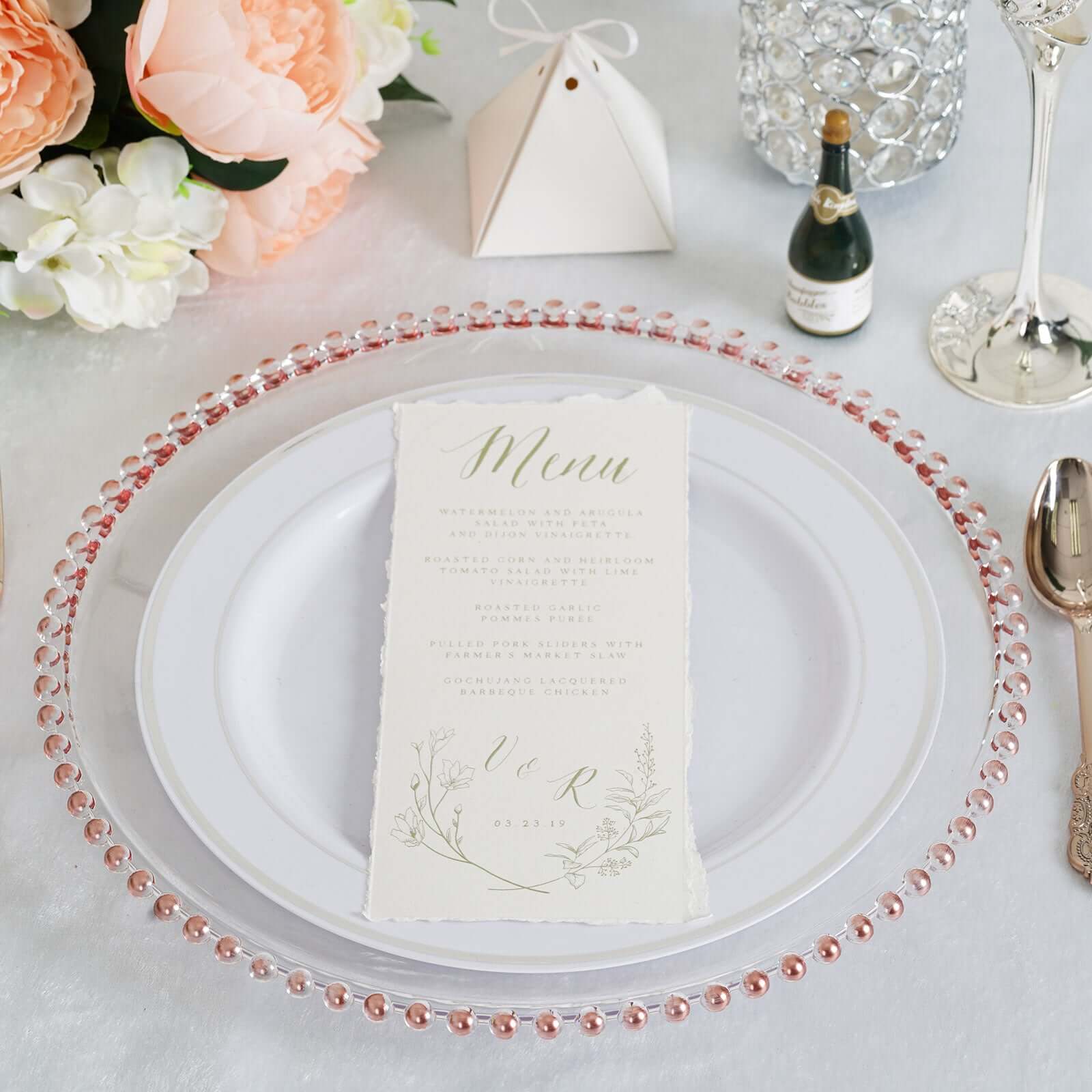 6-Pack Acrylic Round Charger Plates 13" in Clear with Rose Gold Beaded Rim, Decorative Dinner Party Serving Plates