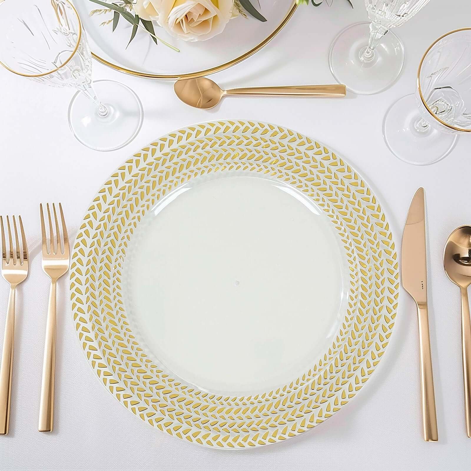 6-Pack Acrylic Round Charger Plates 13" in Clear with Gold Wheat Pattern Rim, Stylish Dinner Party Charger Tableware