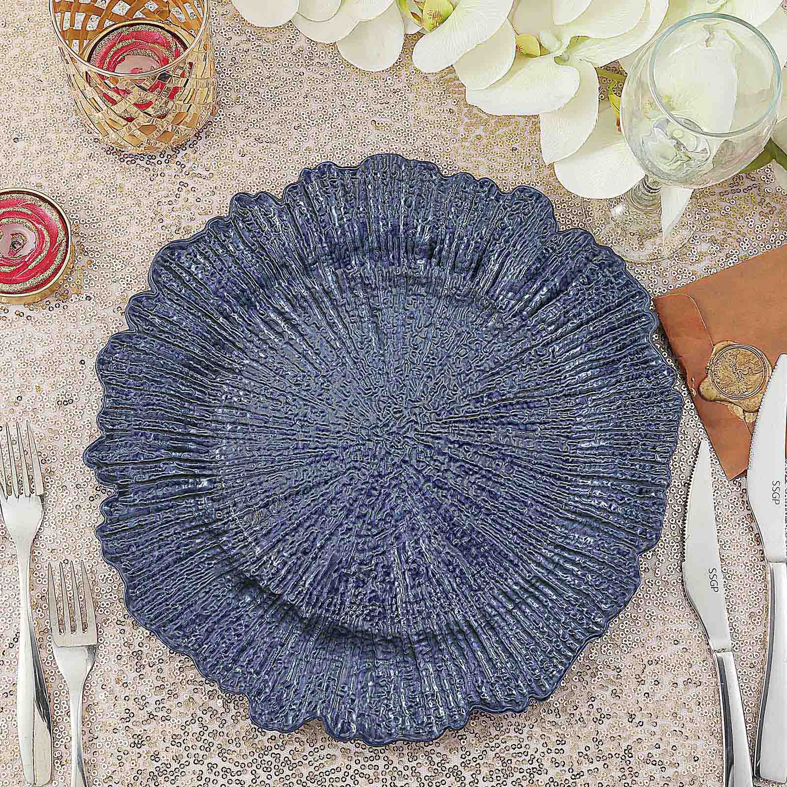 6-Pack Acrylic Plastic Round Charger Plates 13" in Navy Blue with Reef Design, Dinner Charger Tableware