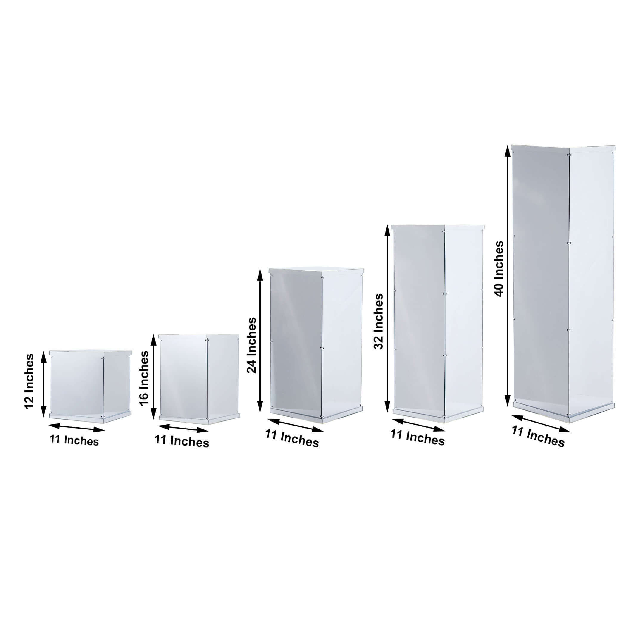 Set of 5 Silver Mirror Finish Acrylic Display Boxes, Pedestal Risers with Interchangeable Lid and Base - 12",16",24",32",40"