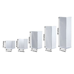 Set of 5 Silver Mirror Finish Acrylic Display Boxes, Pedestal Risers with Interchangeable Lid and Base - 12",16",24",32",40"