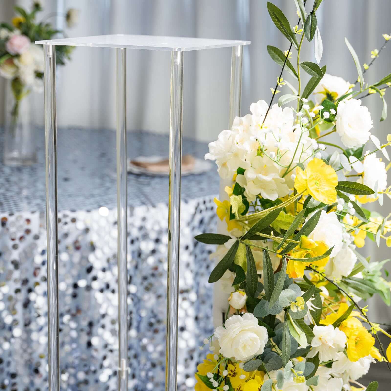 Acrylic Floor Vase Flower Stand with Square Mirror Base Clear - Decorative Wedding Column for Large Events 48"