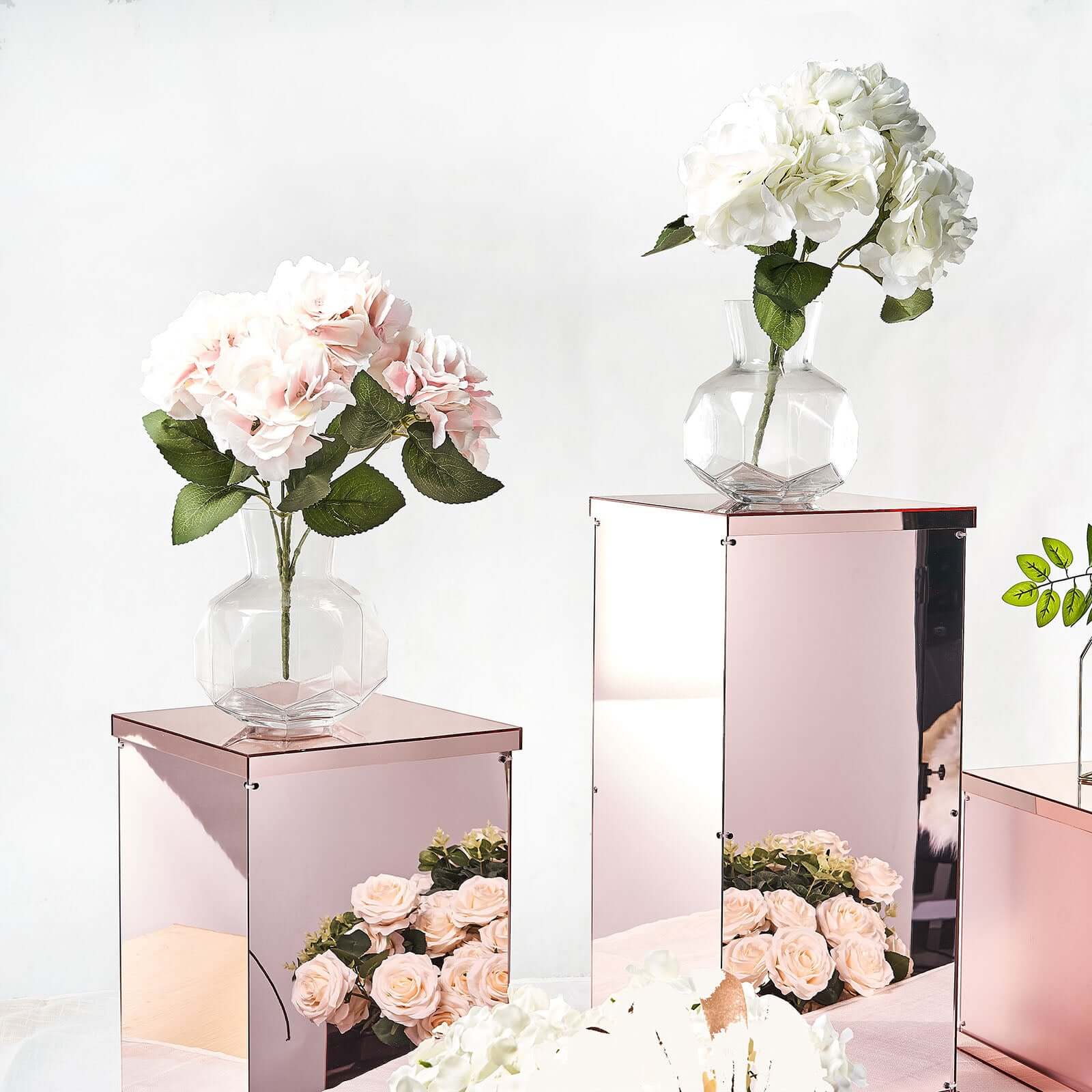 Set of 5 Rose Gold Mirror Finish Acrylic Display Boxes, Pedestal Risers with Interchangeable Lid and Base - 12",16",24",32",40"