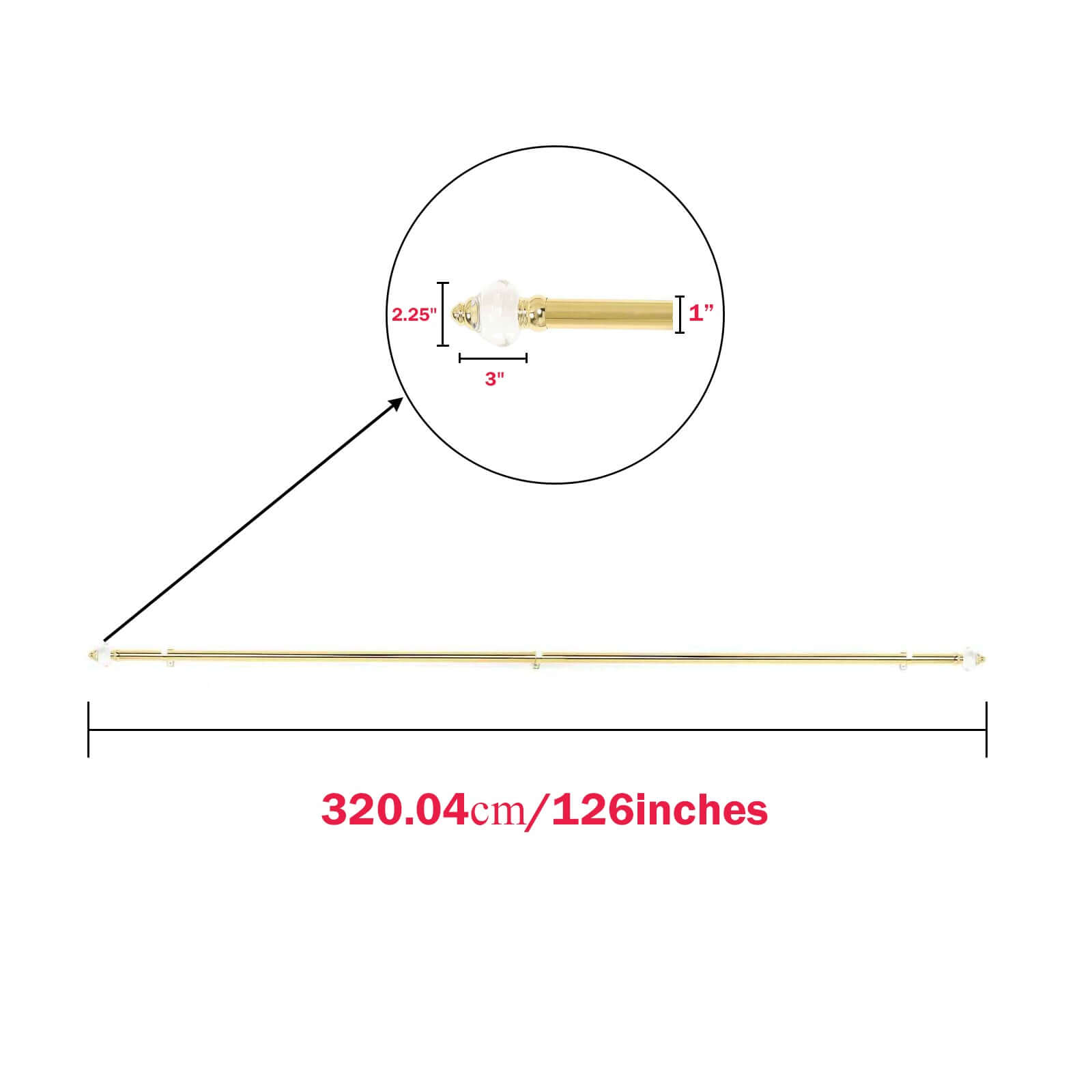 42"-126" Adjustable Metal Curtain Rod Set, Gold, Acrylic Designer Finials