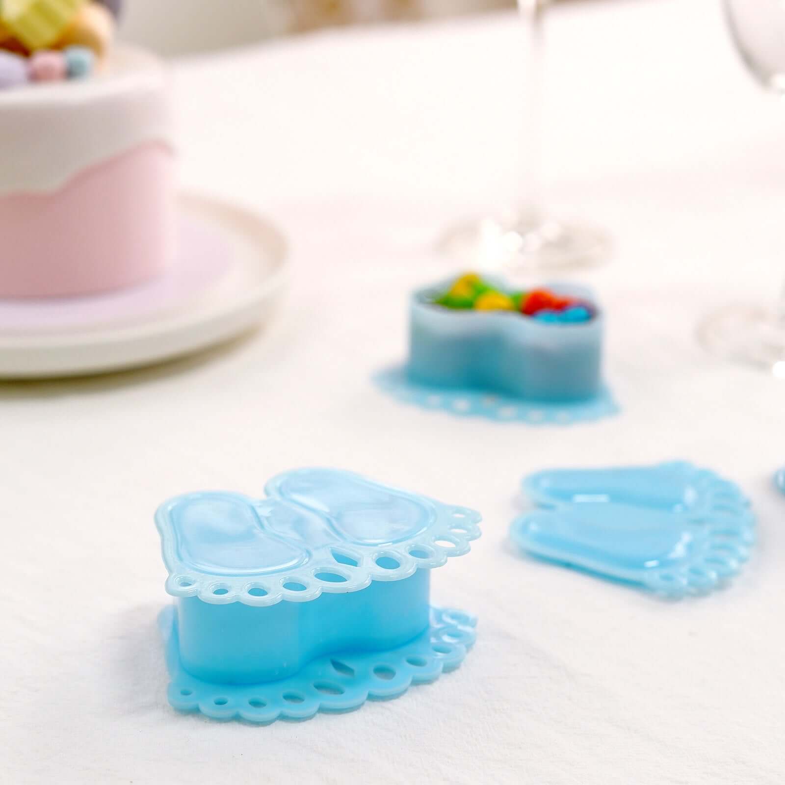 12-Pack Fillable Mini Candy Container in Baby Feet Style Clear/Light Blue - Unique Candy Treat Favor Boxes for Baby Shower 3.5"