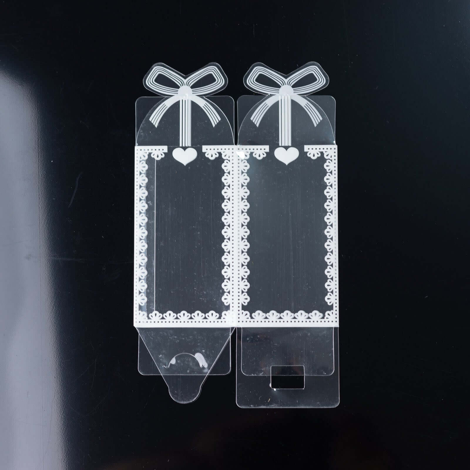 25 Pack Clear Rectangle Candy Gift Boxes With Bowknot and White Lace Pattern, 4" Transparent Plastic Party Favor Boxes - 2"x2"x4"