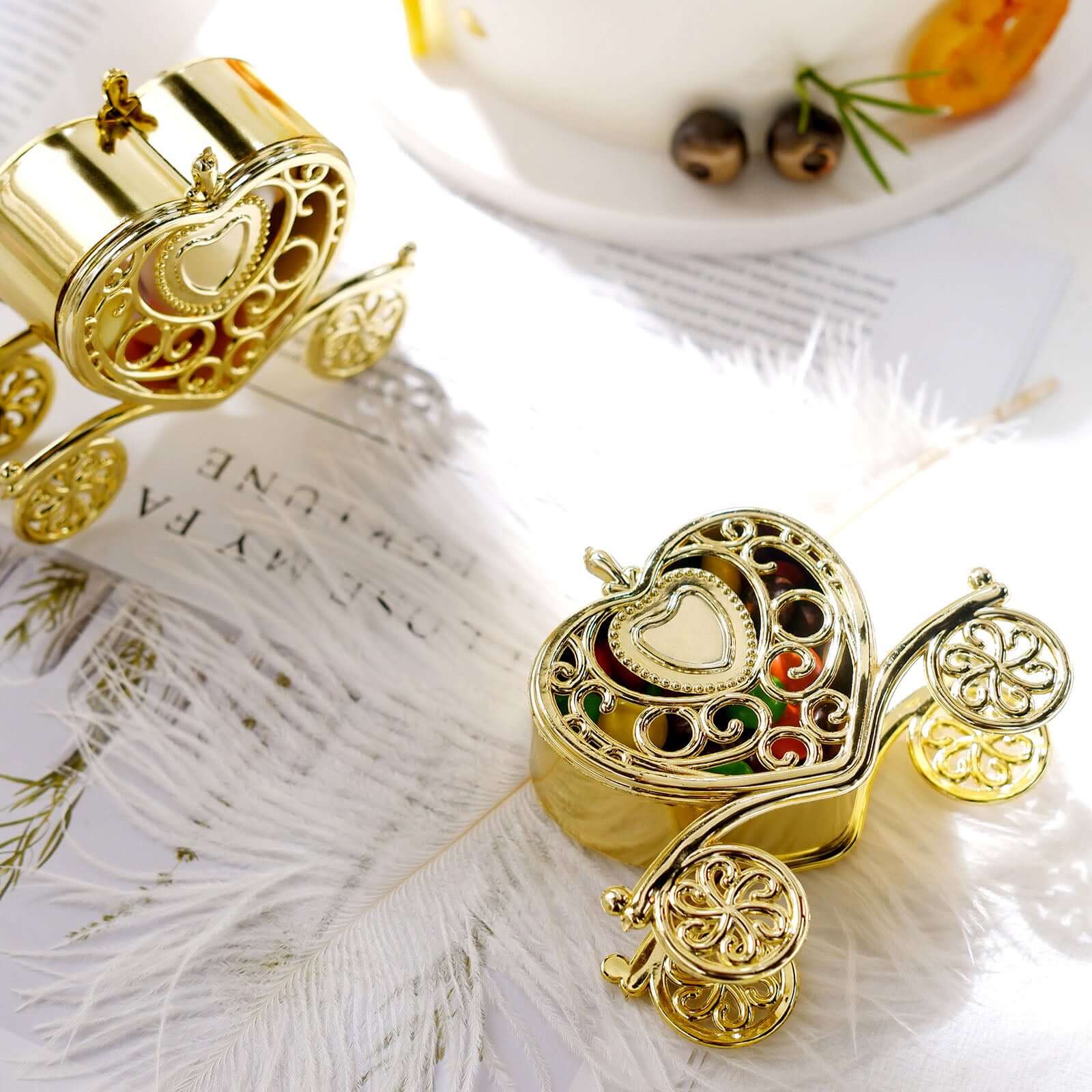 12 Pack 4" Gold Princess Heart Carriage Treats Party Favor Boxes, Candy Container Gift Boxes