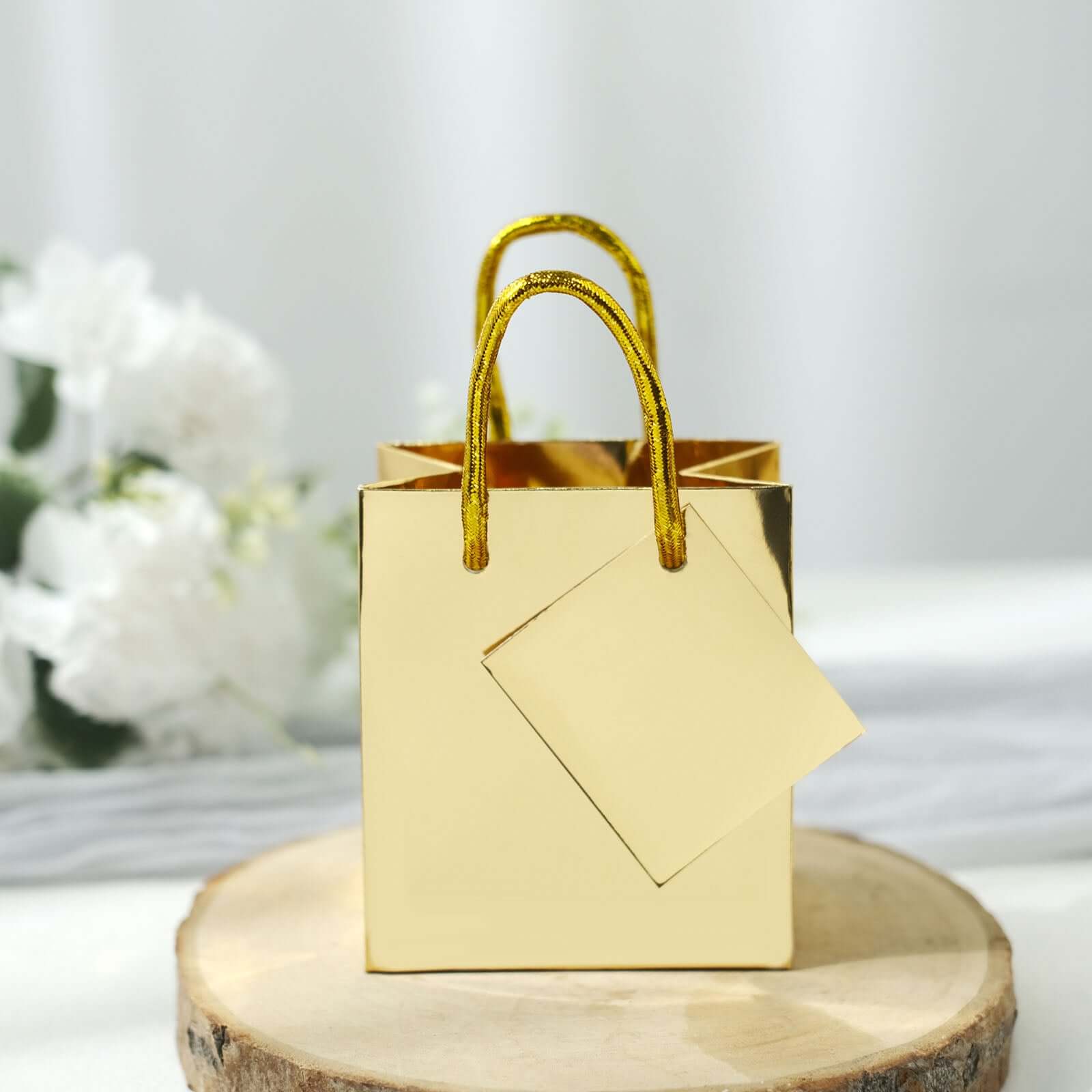 12 Pack 5" Shiny Metallic Gold Foil Paper Party Favor Bags With Handles, Small Gift Wrap Goodie Bags