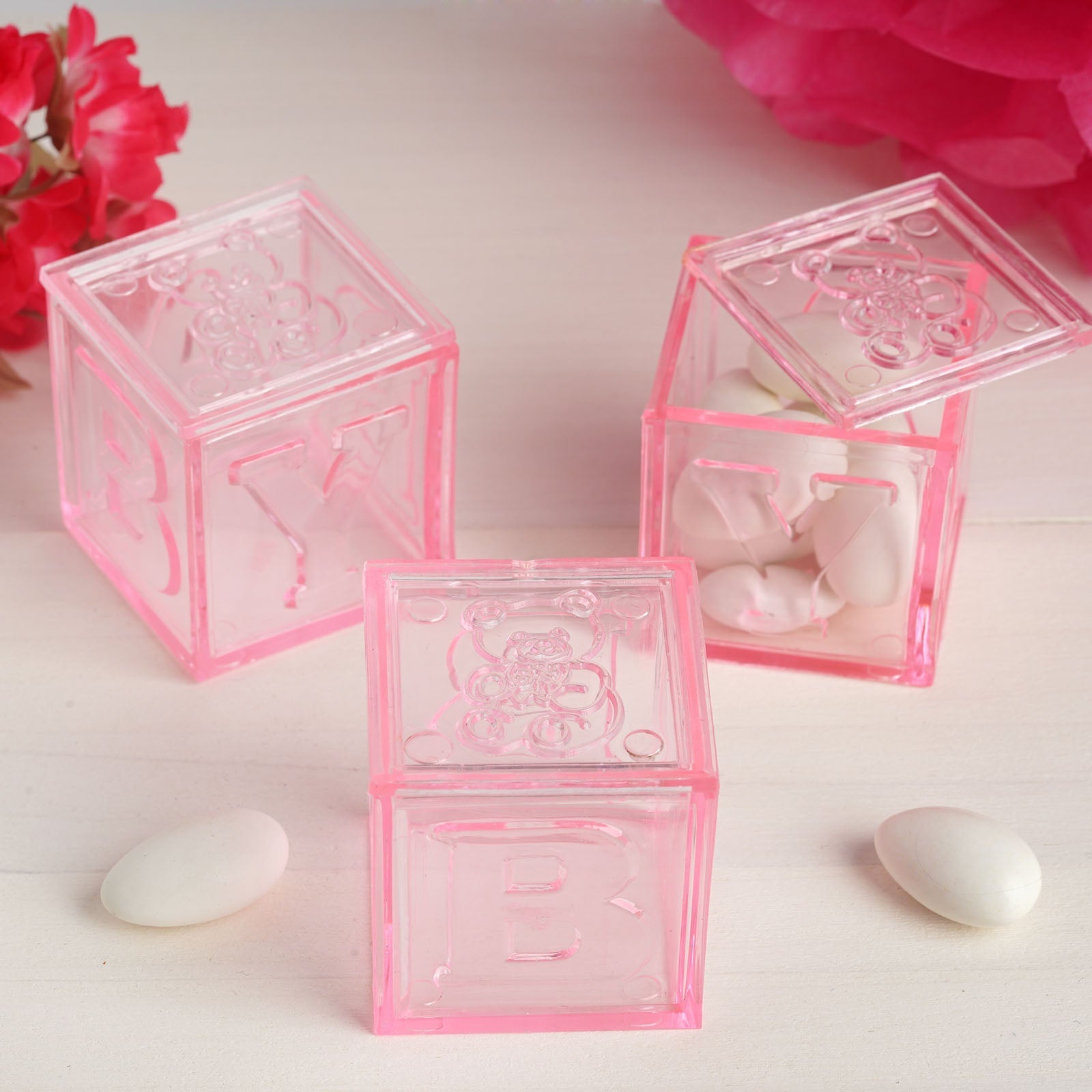 12 Pack 2" Pink Fillable Plastic Baby Shower Candy Gift Boxes, Transparent Baby Blocks Favor Boxes