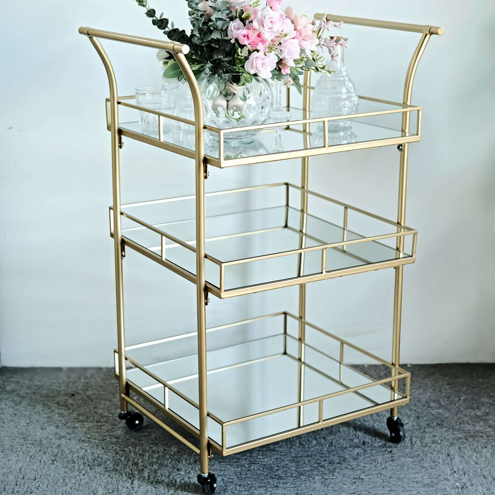 Gold Metal Bar Cart with Mirror Serving Trays 3-Tier - Teacart Island Trolley for Parties 3ft