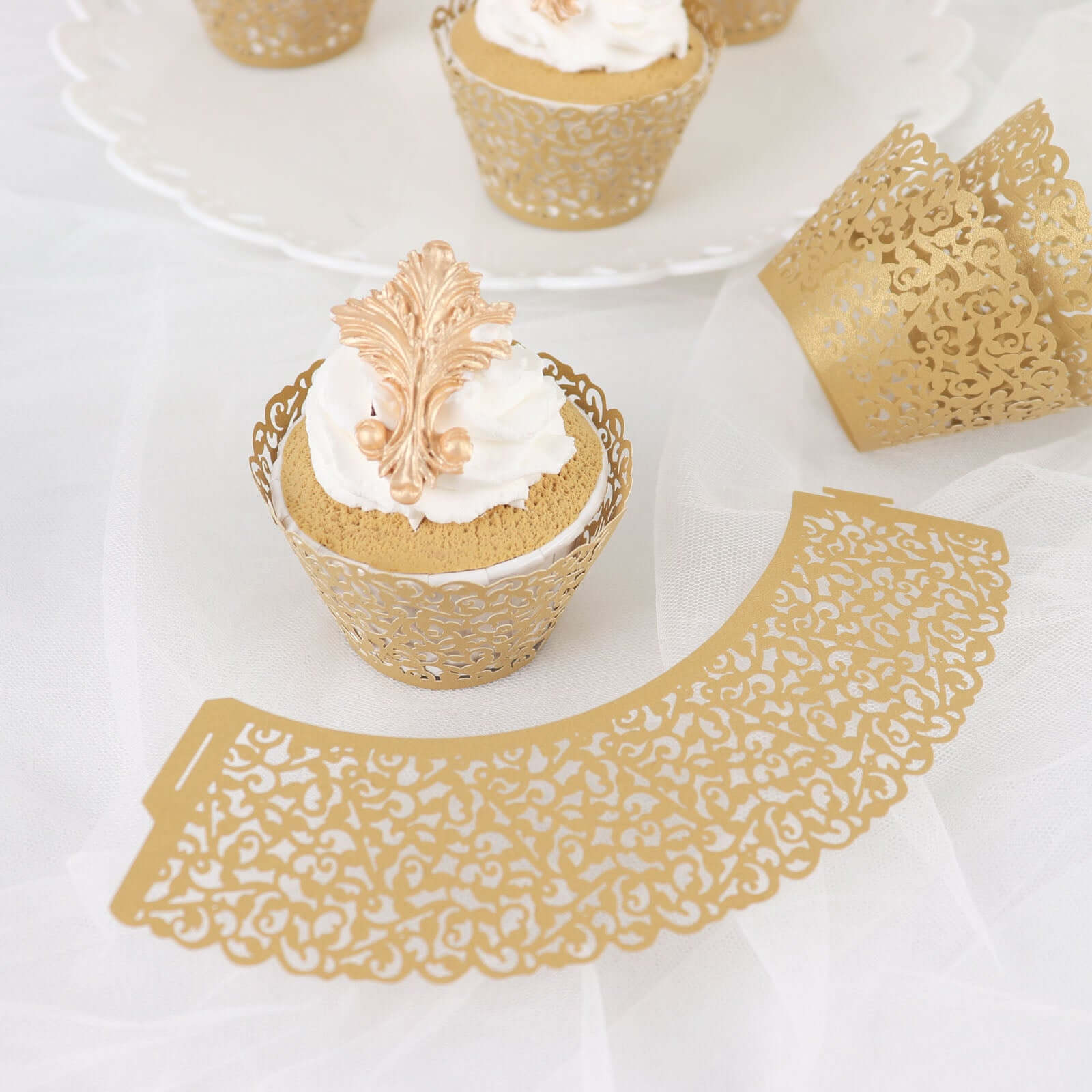 25-Pack Paper Cupcake Wrappers Lace Laser Cut Design Gold - Muffin Baking Cup Trays for Events