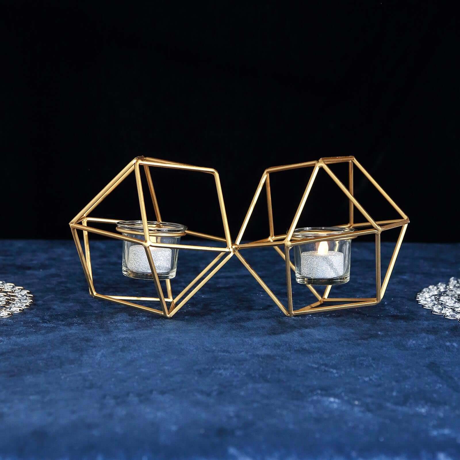 Set of Metal Candle Holders Linked Geometric Design Gold - Modern Table Decor with Votive Glass for Gatherings 11"