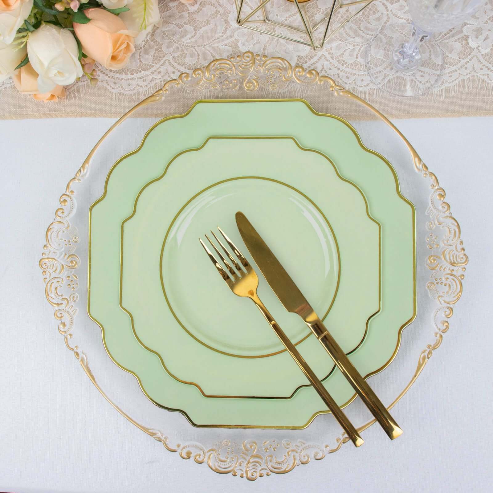 10-Pack Plastic Dessert Appetizer Plates in Sage Green Baroque Design with Scalloped Gold Rim - Heavy Duty Disposable Salad Plates 8"