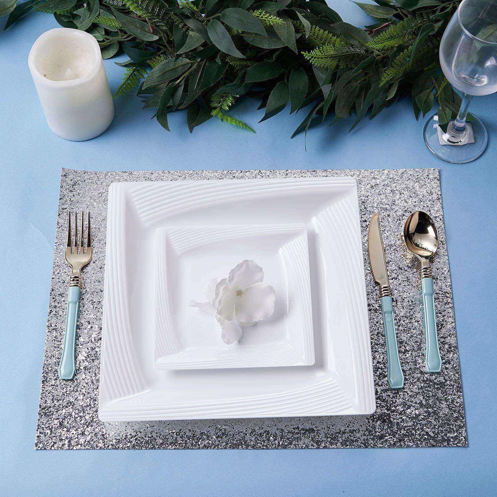 10-Pack Plastic 6" Square Dessert Plates in White with Geometric Ridge Trim - Disposable Appetizer Salad Plates for Stylish Gatherings & Celebrations