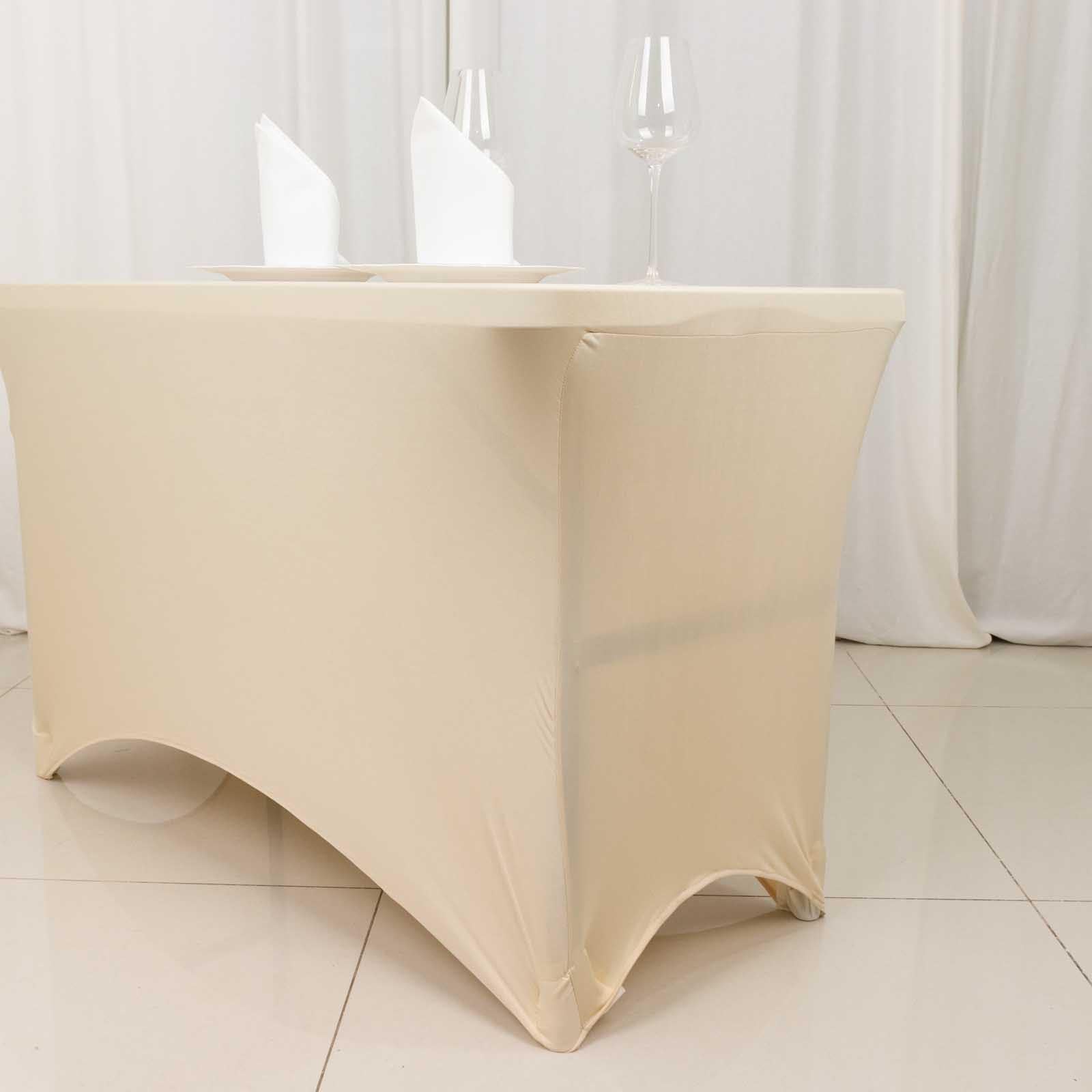 Stretch Spandex 48"x30" Rectangle Tablecloth Beige - Durable Form-Fitting Table Cover