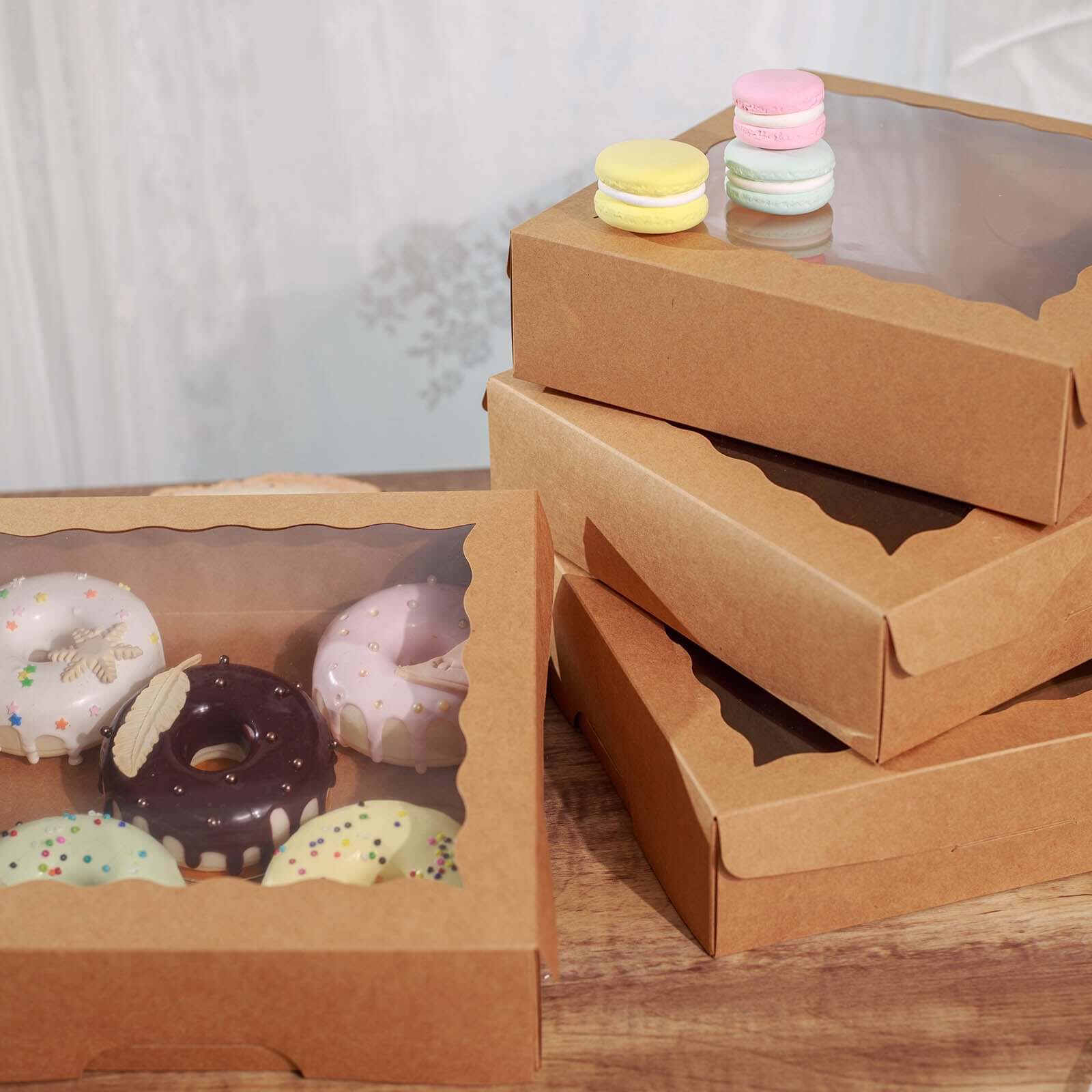 12-Pack Cardstock Bakery Boxes with PVC Window Natural Brown - Versatile Cake Containers for Donuts Muffins & Homemade Goods 9"x9"x2"
