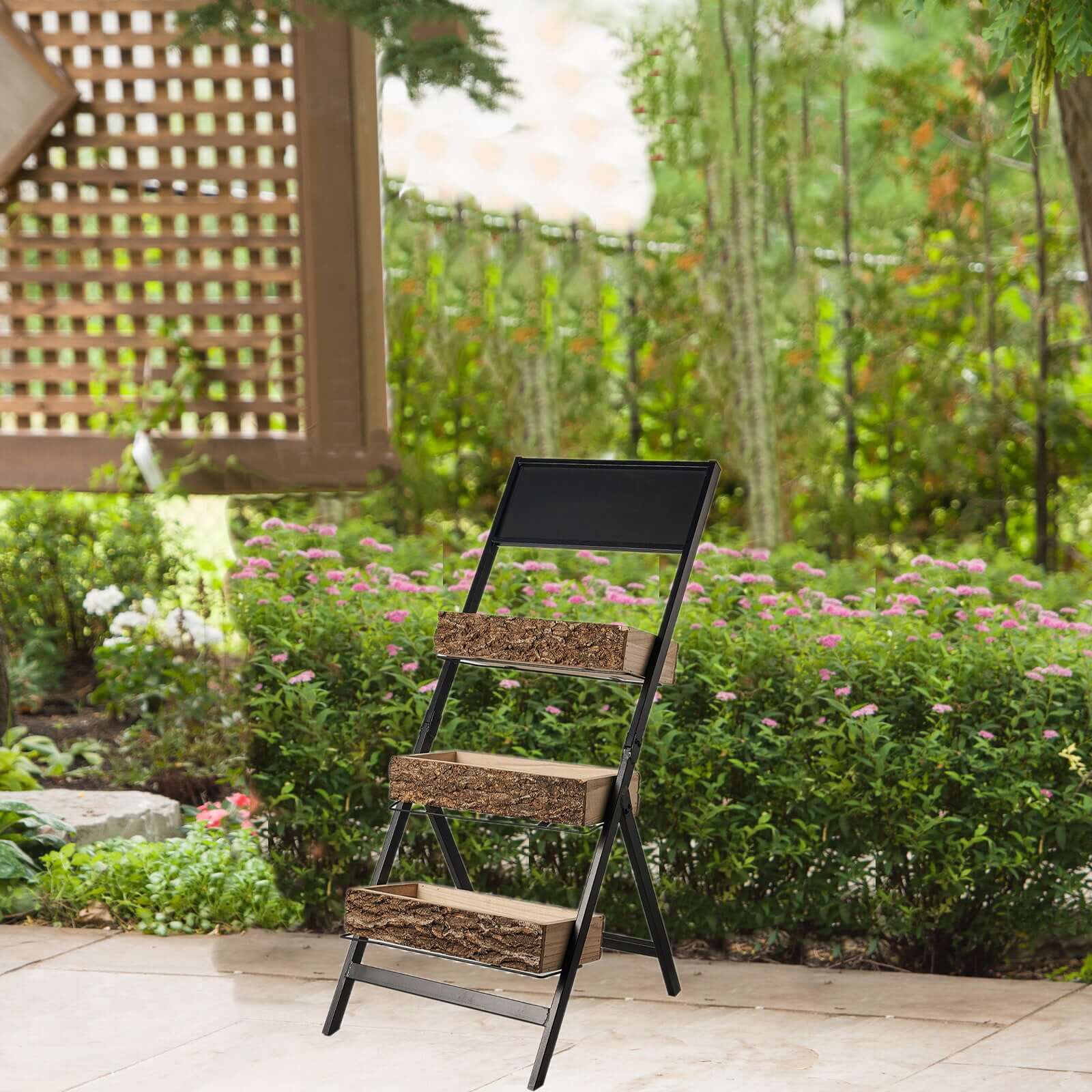 42" 4-Tier Metal Ladder Plant Stand With Natural Wooden Log Planters