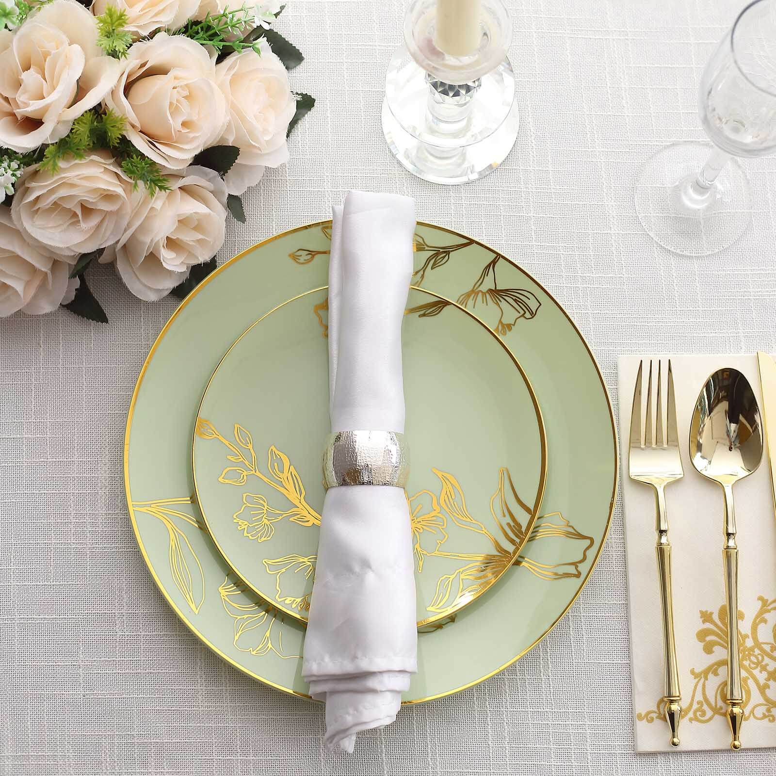 Set of 20 Plastic Round Dinner and Dessert Plates in Sage Green with Metallic Gold Floral Design - Stylish Disposable Dinnerware 8", 10"