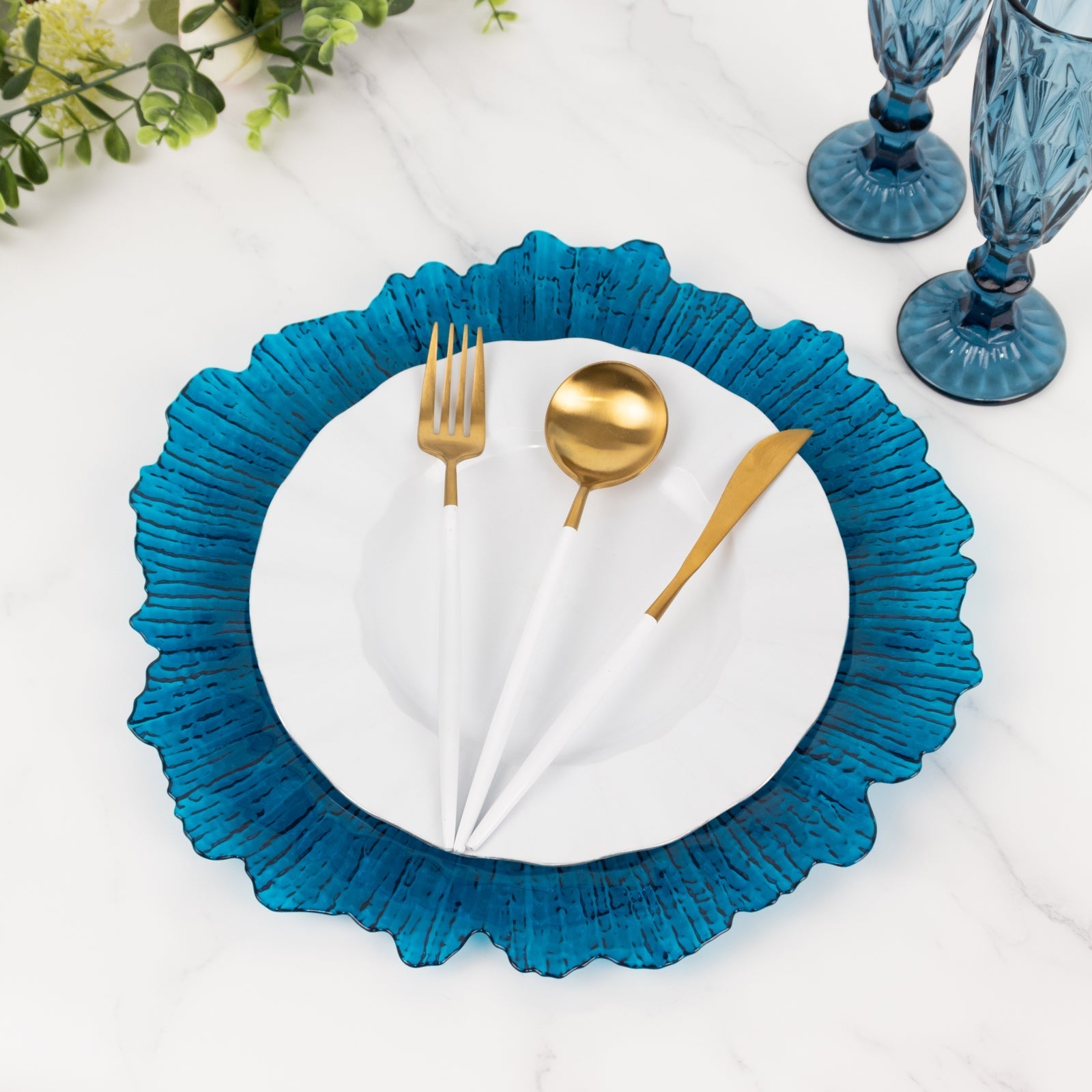 6-Pack Acrylic Plastic Round Charger Plates 13" in Transparent Navy Blue with Reef Design, Dinner Charger Tableware