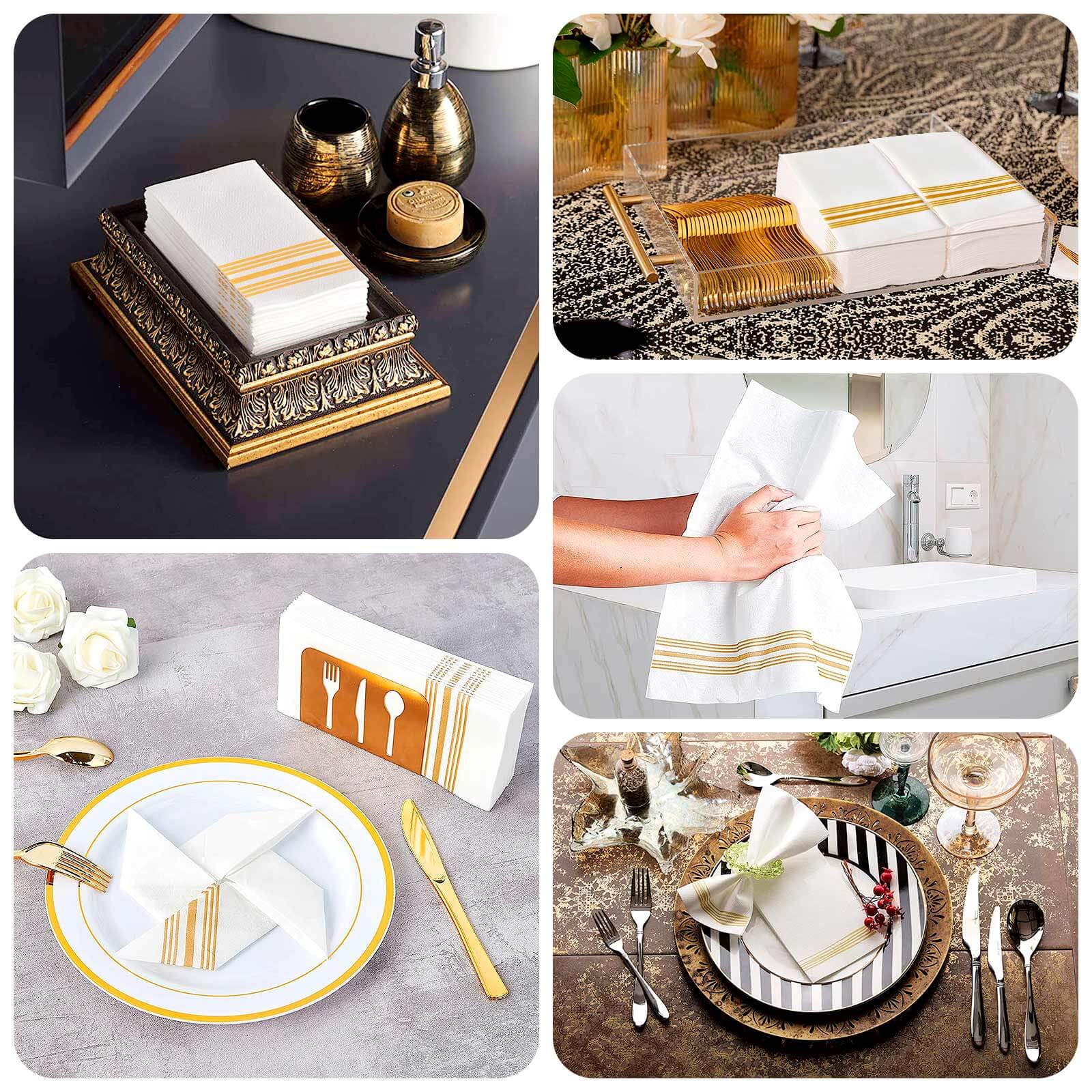 20-Pack Paper Guest Towels White Linen-Like with Gold Lines - Disposable Airlaid Napkins for Formal and Casual Use 8"x4"