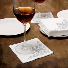 20 Pack Linen-Like Paper 5"x5" Napkins White - Silver Fleur Vintage Design - Classy Airlaid Cocktail Napkins for Events