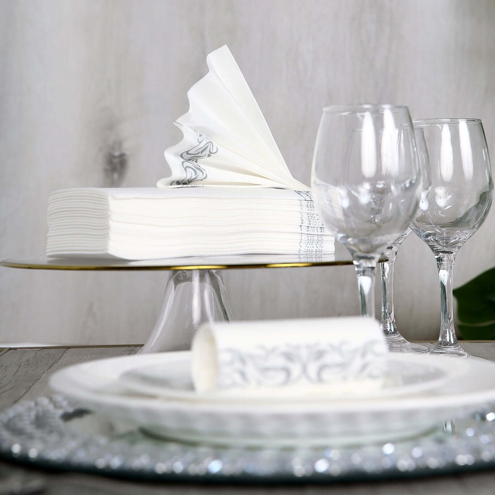 20-Pack White Linen-Feel Dinner Paper Napkins with Silver Scroll Floral Print - Premium Cloth-Like Disposable Napkins, Soft and Absorbent Guest Towels