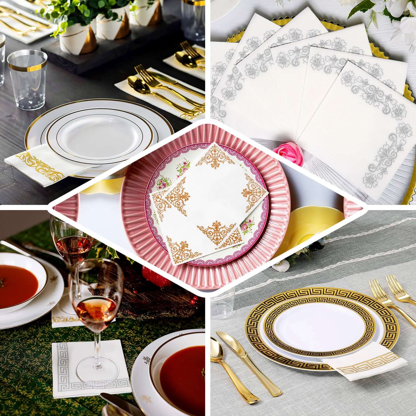 25 Pack Linen-Like Paper 8"x4" Napkins White with Gold Greek Key Design - Soft & Absorbent Airlaid Hand Towels for Exquisite Weddings & Events